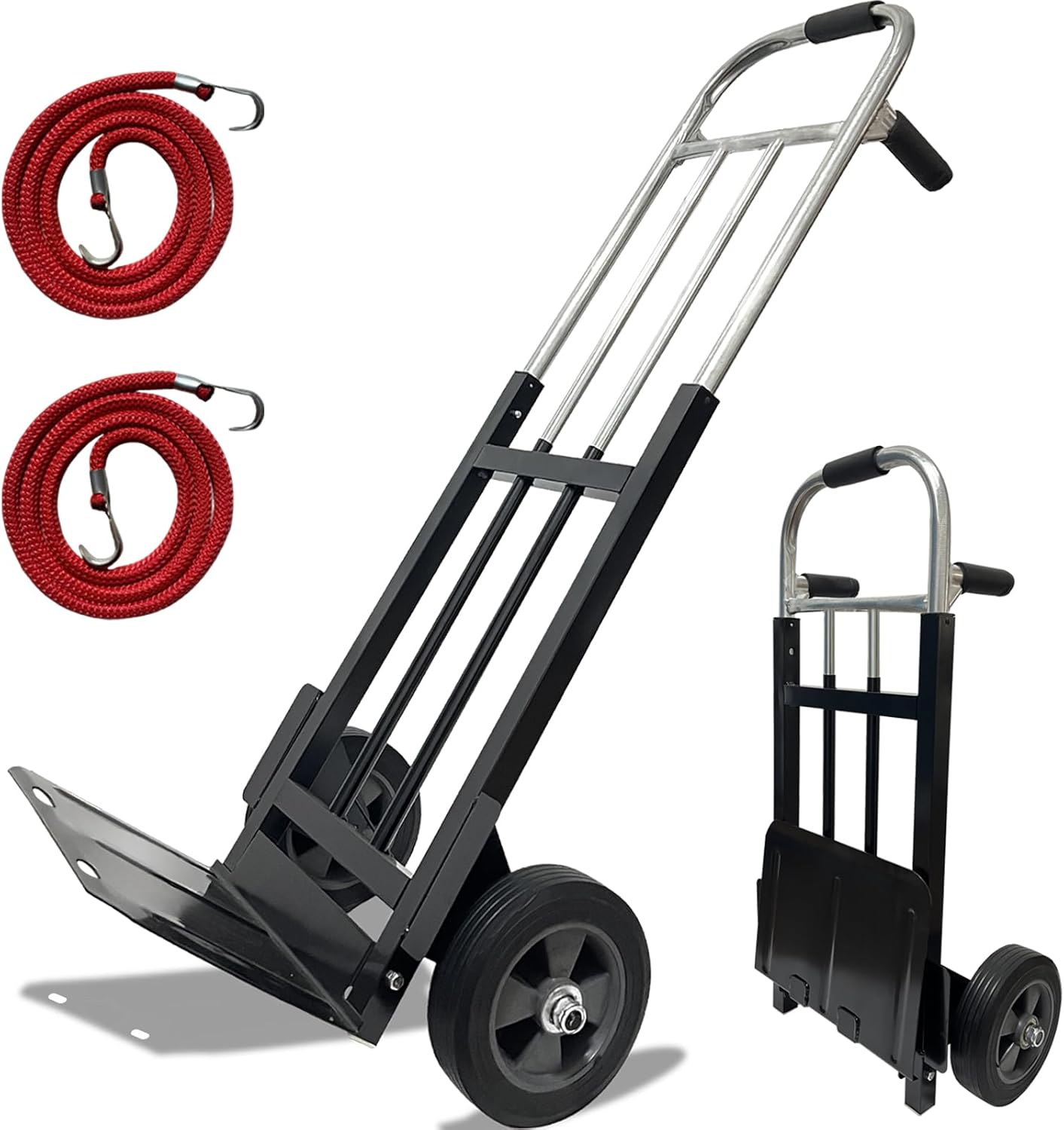 800 LB Dolly Cart with 8" Solid Rubber Wheels, Heavy Duty Folding Hand Truck Dolly with Bungee Cords, Compact Foldable Alloy Steel Design for Warehouses, Homes, Offices, and Small Business