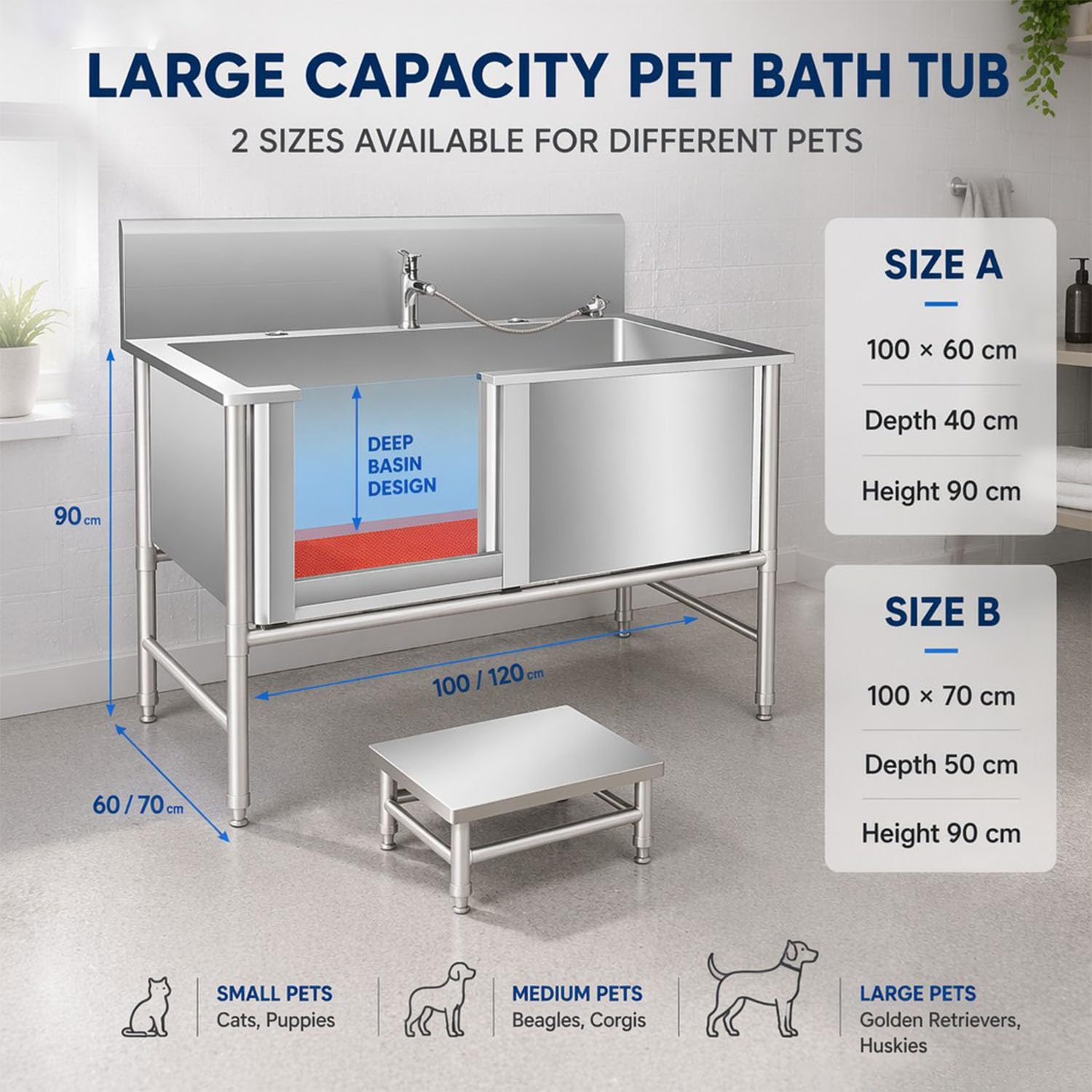 Estación de baño para Perros Lavar Independientes desagüe Bañera de Acero Inoxidable para Mascota Bañera Peluquería Canina Fregaderos con Ducha Pet Bath Tub Dog Grooming，100 * 60 * 40 m
