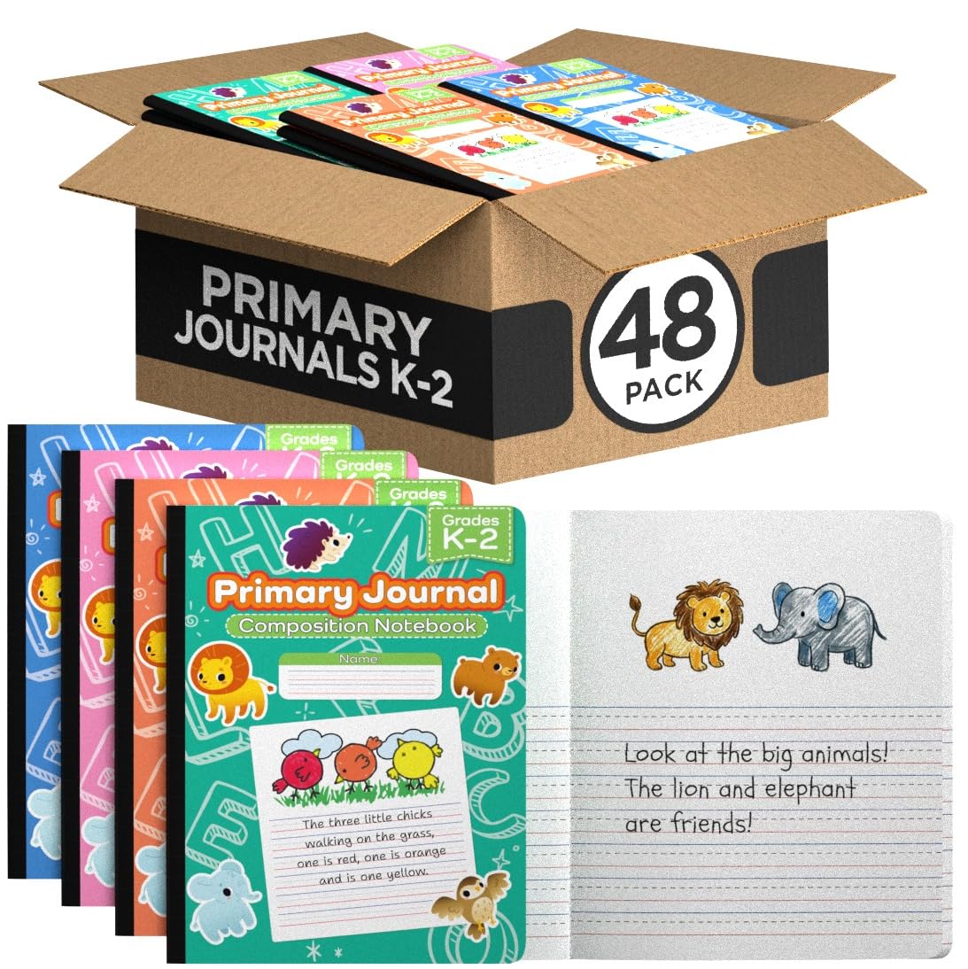 E-CLIPS USA Quaderno per composizione primaria K-2, a righe, per scrittura primaria, per bambini, 100 fogli, 200 pagine, 19 x 24,8 cm, confezione da 48 pezzi, assortiti