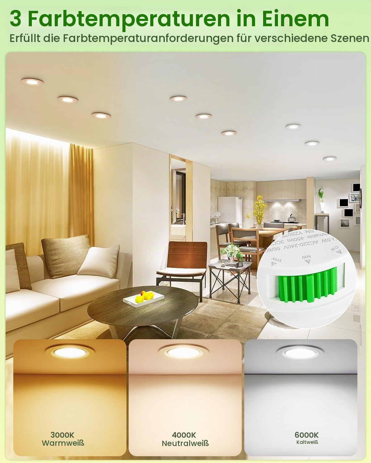 LED Einbaustrahler 230v 5W, LED Einbauspots Dimmbar Spots Deckenleuchte 68mm, IP44 Einbauleuchten Schwenkbar für Einbaubeleuchtung 3000K/4000K/6500K Einbaustrahler, 12er Set