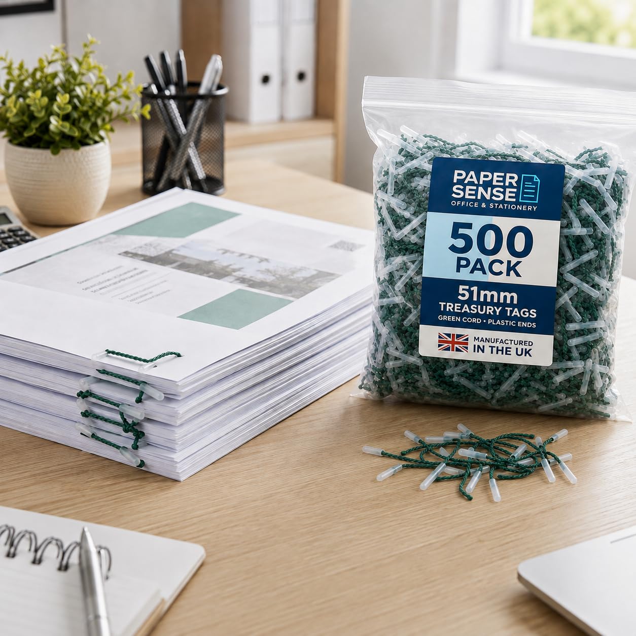 Lot de 500 étiquettes de trésorerie de 51 mm – Fabriquées au Royaume-Uni, cordon vert, extrémités en plastique