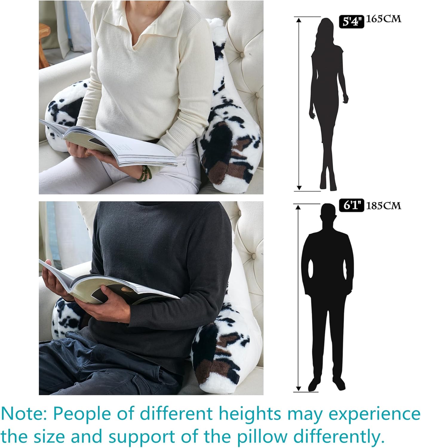 DIY Assembly Animal Print Faux Fur Plush Backrest Reading Bed Rest Pillow with Arms & Pockets for Sitting in Bed Couch Sofa, Back Support Cushion with Removable Cover, 20"x18"x17", Cow