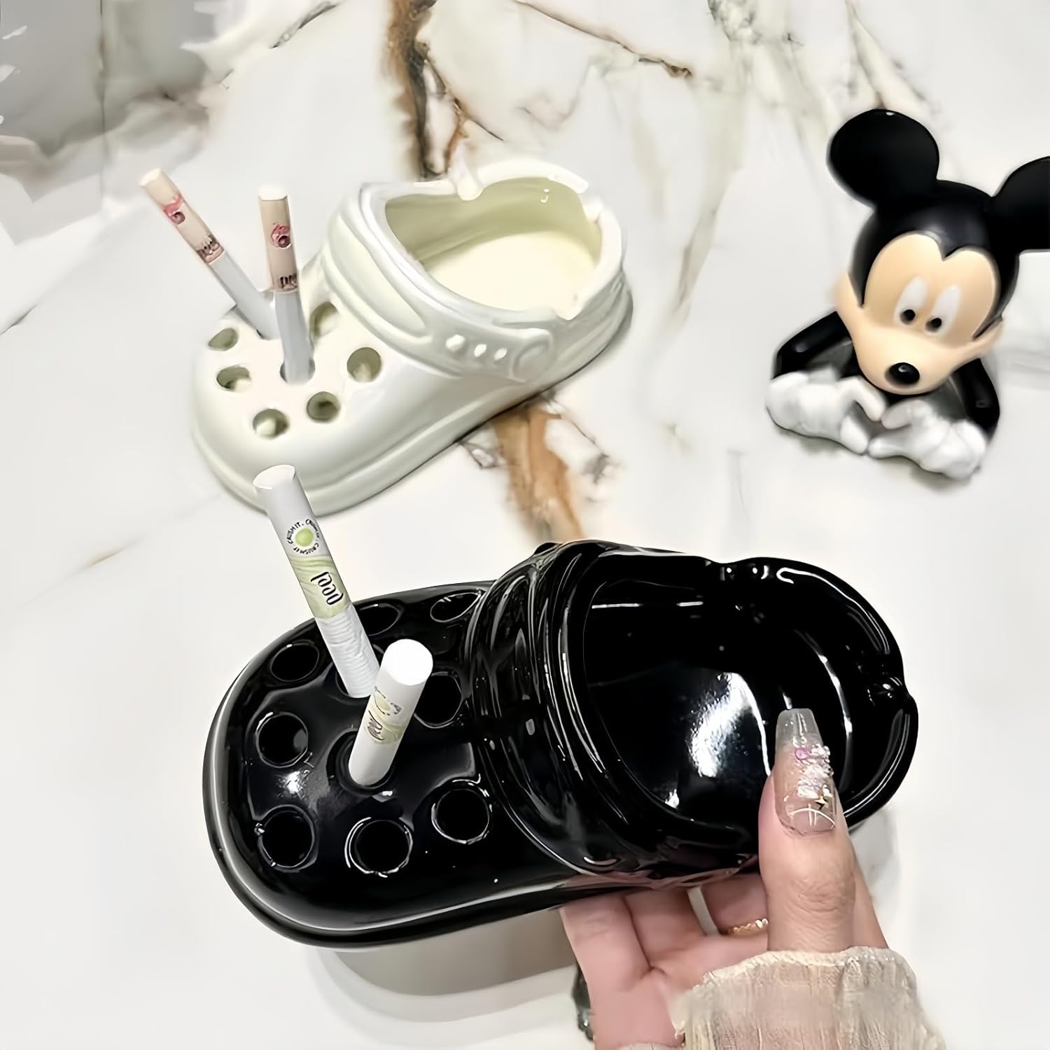 review Creative Portable Ceramic Croc Clogs Ashtray: Cute, Smokeless for Patio, Home Office, Indoor Outdoor, Cigarette Cigar, Windproof, Eco-Friendly, Heat Resistant, Handmade Gift for Men Women (Black)