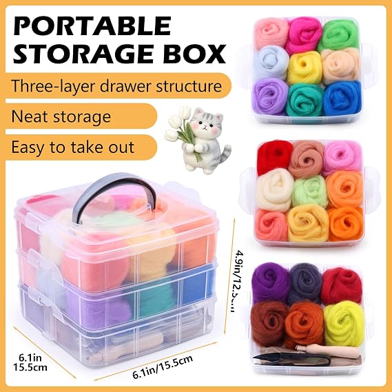Qzma Felting Kit Wool Felt with 24 Colors Wool Roving, Felting Needles | Complete Needle Felting Kits for Beginner Adults with Basic Felt Tools for Felted Animal Needle Felting Supplies