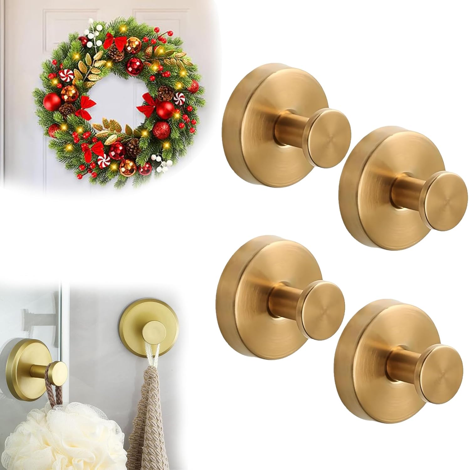Suction Cup Hooks for Door Wreaths, 2025 Upgraded Suction Cup Hooks Multipurpose No Drill Heavy Duty for Shower, Hanging Towels, Bathroom, Shower Doors, Tile, Mirrors, Holiday Use (Black, 4Pcs)
