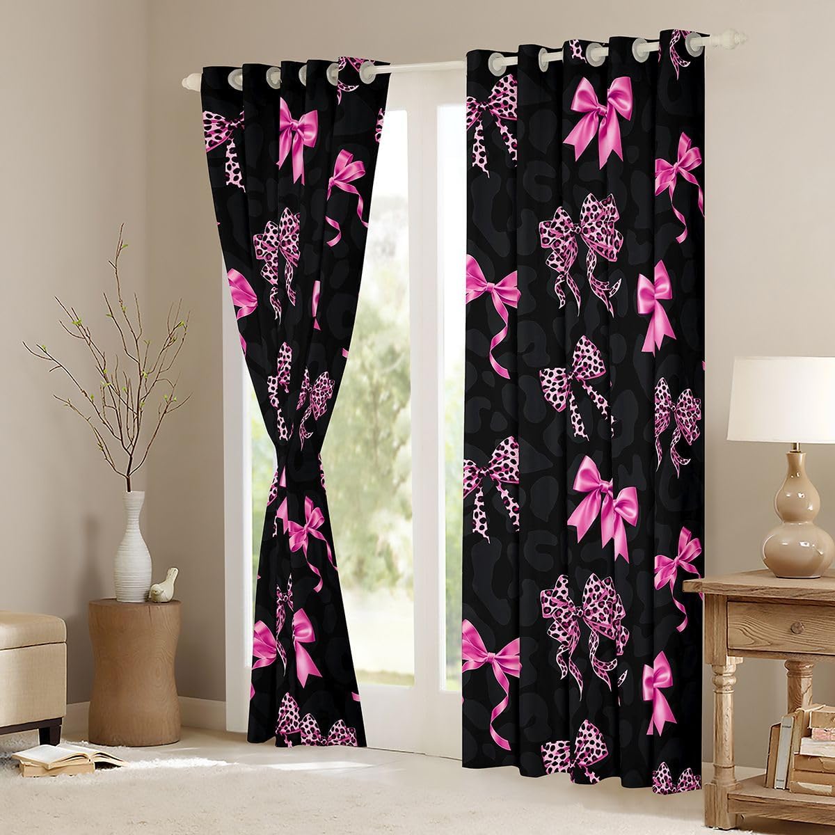 Feelyou Girls Bowknot Curtains for Bedroom Living Room Pink Leopard Print Blackout Shades Coquette Aesthetic Room Darkening Curtain Window Treatments, 2 Panels 38 x 45 Inch Decor image 3