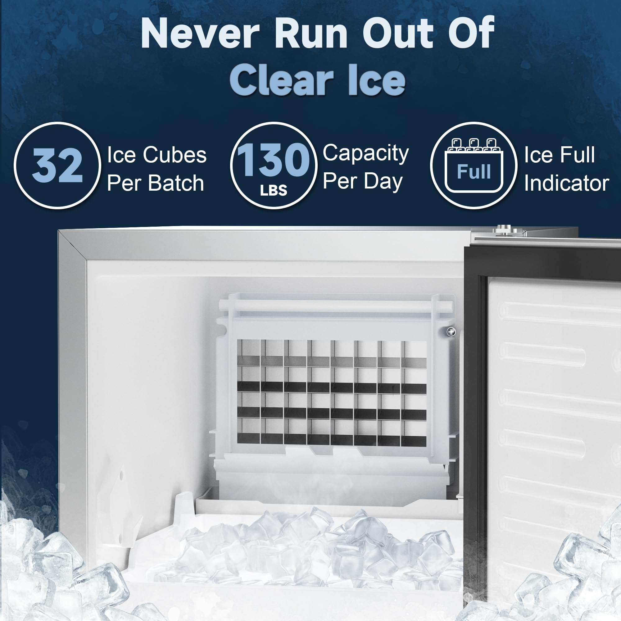 COOLSKI 15" W Commercial Under Counter Ice Maker Machine, 130 Lbs/Day Auto-Cleaning, 30 Lbs Storage, Stainless Steel Built-In Freestanding Ice Maker For Home Bar Restaurant Outdoor on Fridge.com - View 2
