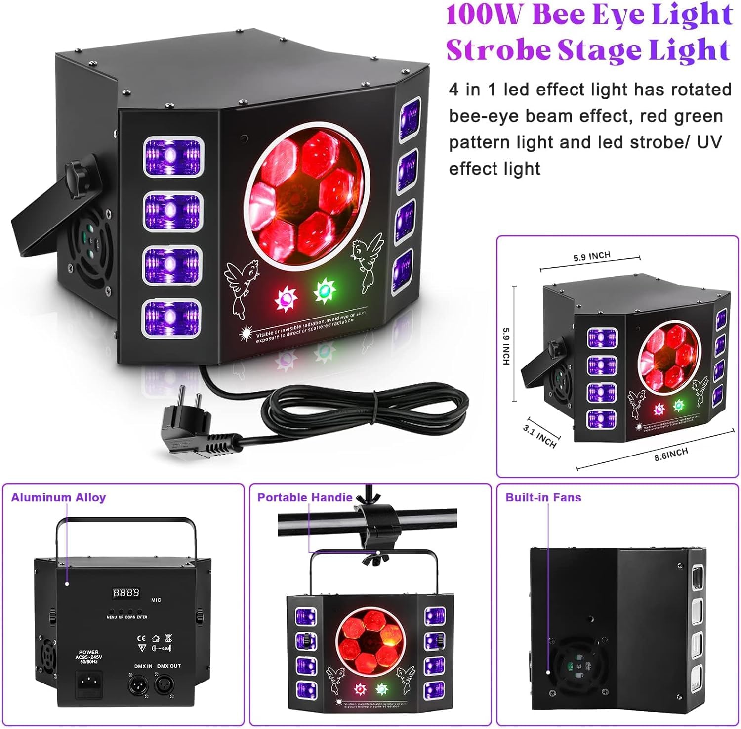 Jeu de Lumiere, lumière disco 100W, lumière de fête, œil d'abeille, lumière flash UV, 14 canaux DMX avec commande vocale, télécommande, convient pour mariage, fête d'anniversaire, Halloween