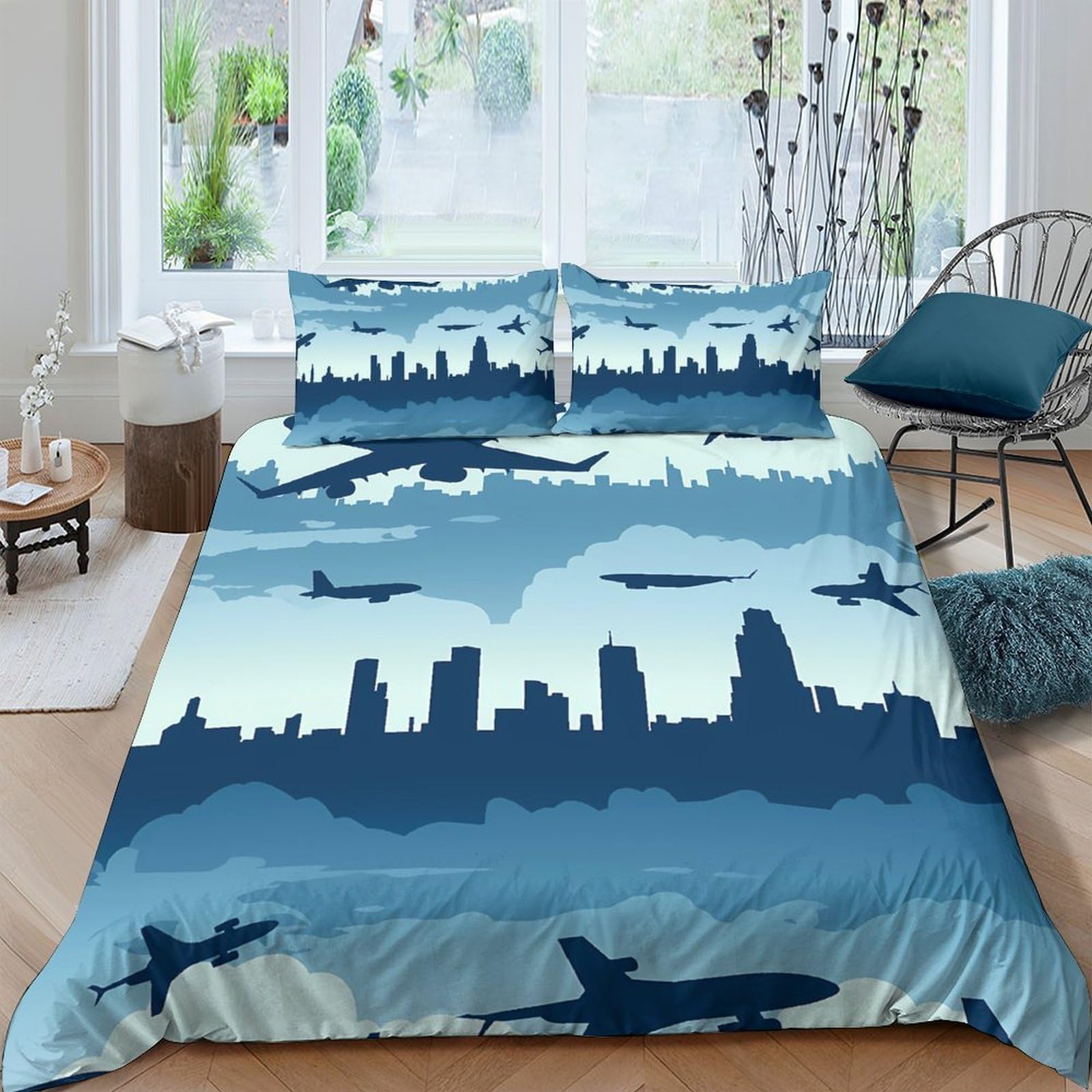 GPLZQXKJNH 3D Printed City Skyline Duvet Cover Microfiber Soft Airplane Silhouette Bedding Set with 2 Pillowcases for Bedroom Decor, Single（135x200cm）