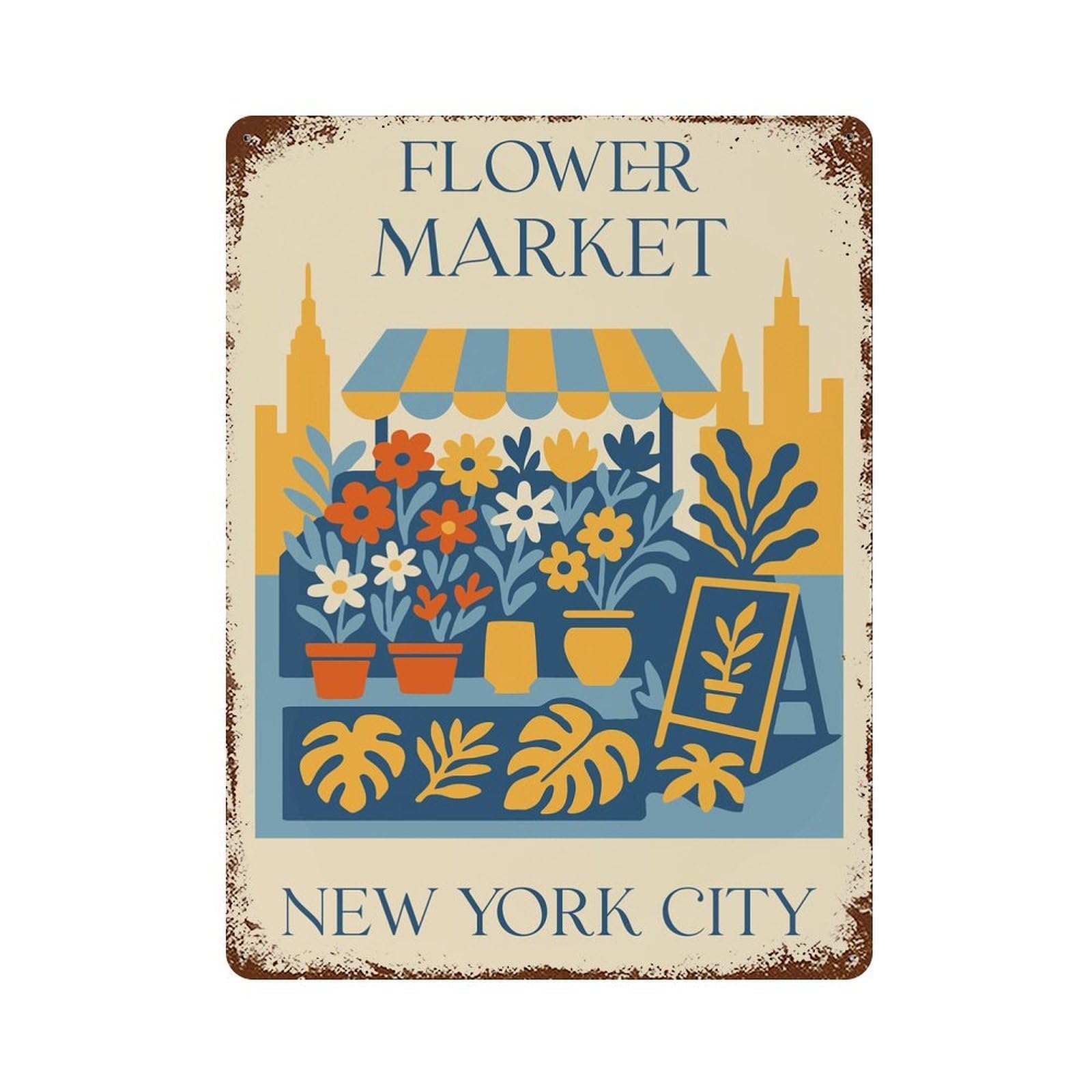 Flower Market New York City Illustration 15.7"x11.8" Rustic Tin Plaque, Retro Wall Decor for Garage, Bar And Workshop Decor