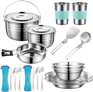 MOUFIER Camping Cookware Mess Kit,20PCS Stainless Steel Camping Cooking Set,Camping Pot and Pan Set Cups Plates Forks Knives Spoons for Hiking, Picnic, RVs 2-4 People