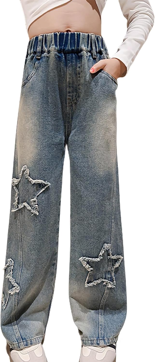 Happy Cherry Baggy Jeans for Girls Ripped Wide Leg Denim Cargo Pants Y2k Kids Cute Aesthetic Clothes Size 5-15 Years
