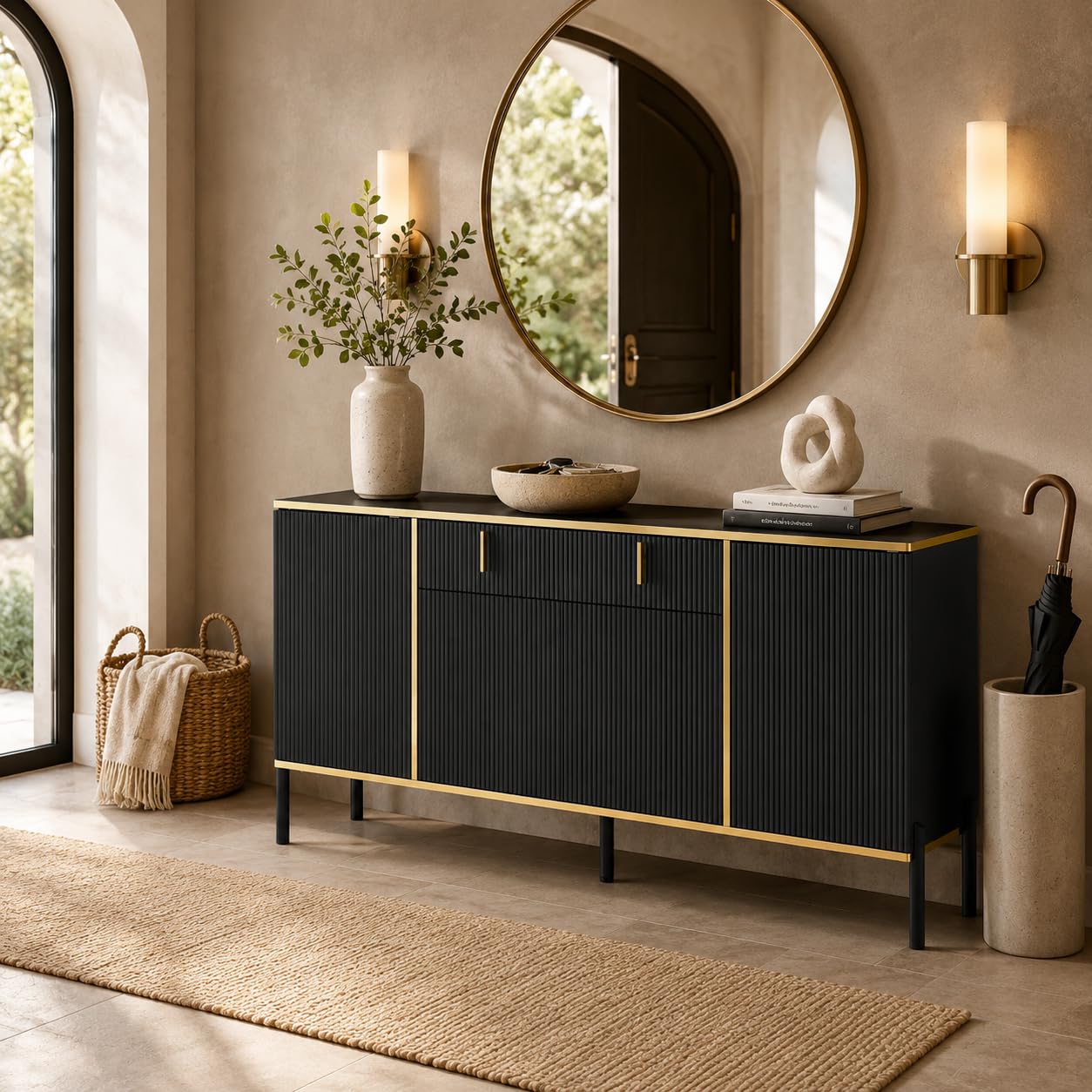 Credenza con 4 ante e 1 cassetto, ripiano regolabile, cassettiera, armadio da cucina, buffet con gambe in metallo per ingresso