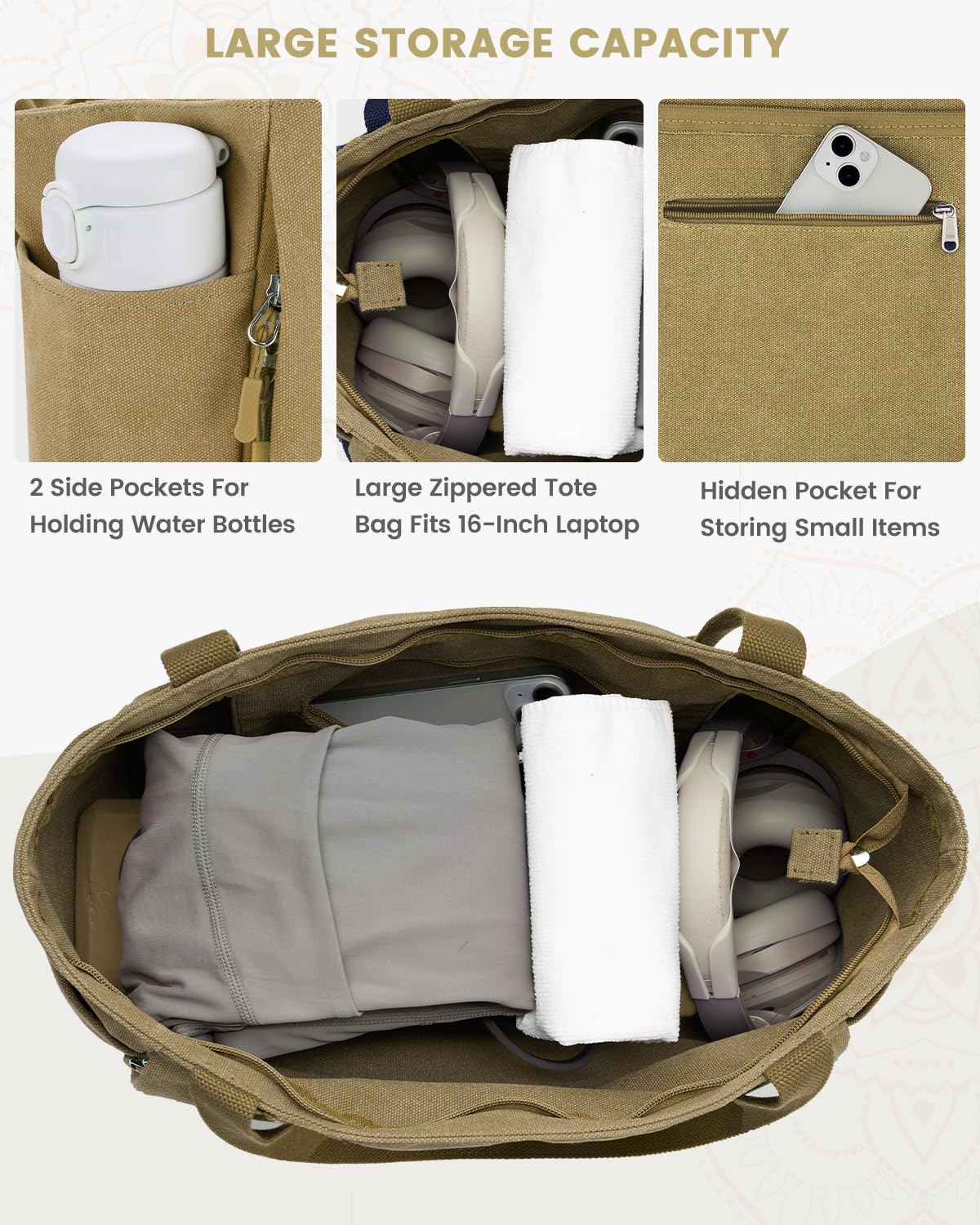 bagsmart Sporttas voor dames, yogatas, gewatteerde handtas voor dames, tote bag met yogamattenriem, ritssluiting, meerdere zakken voor reizen, fitness, yoga, kantoor, school en winkelen, kameel