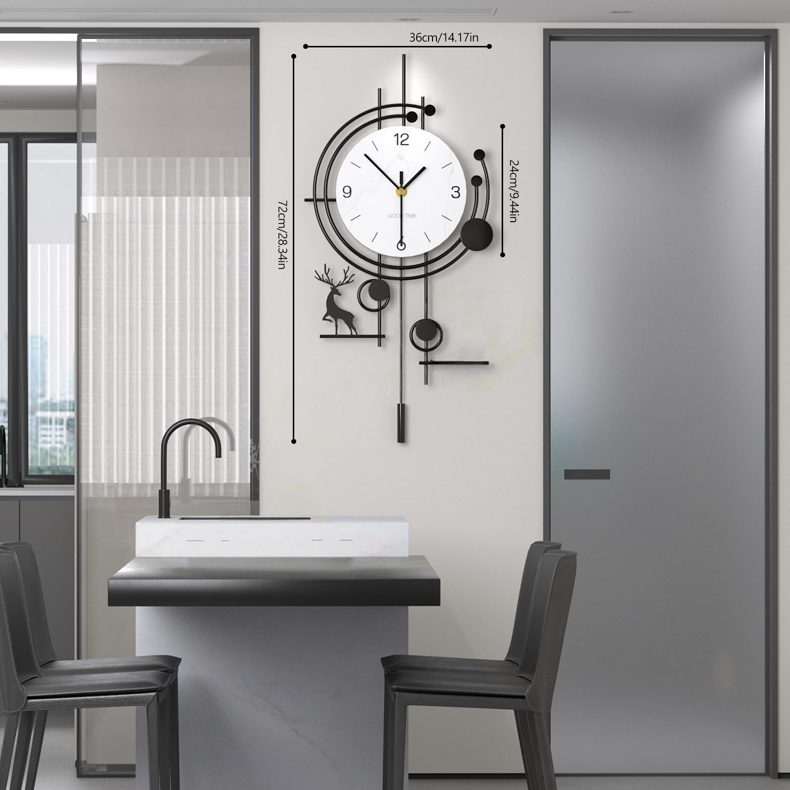 Modern Nordischer Stil Wanduhr Kreativ Minimalistisch Dekorative Wanduhren Leise ohne Tickgeräusche Batteriebetrieben Pendeluhr Mit Ablage für Wohnzimmer Schlafzimmer Büro Küche, 36 * 72 cm