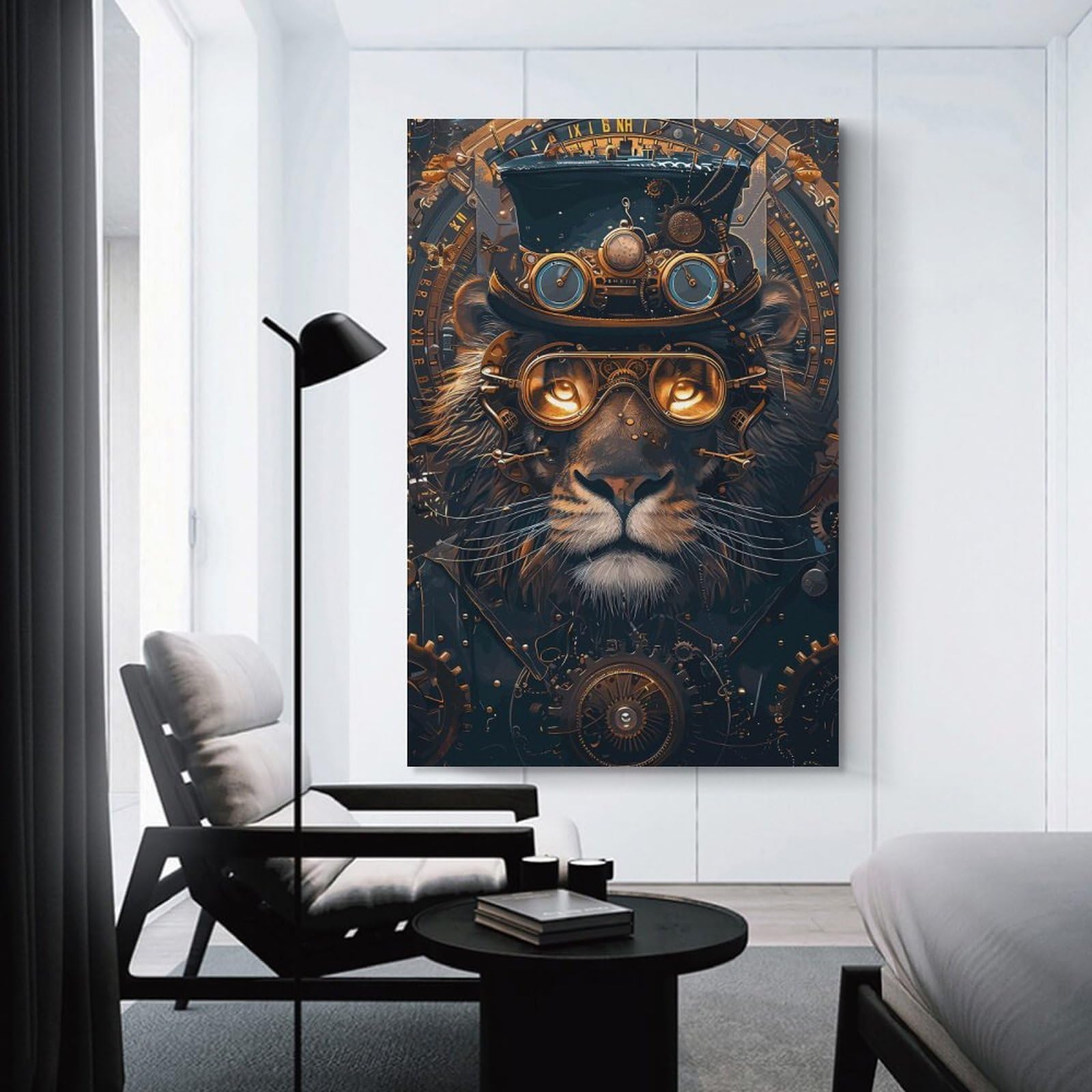 Junmoney Canvas Art Print Steampunk Animal Lion, 24x36inch(60x90cm), for Small Homes, Bedrooms Or Open Spaces, A Simple Refresh for Blank Walls