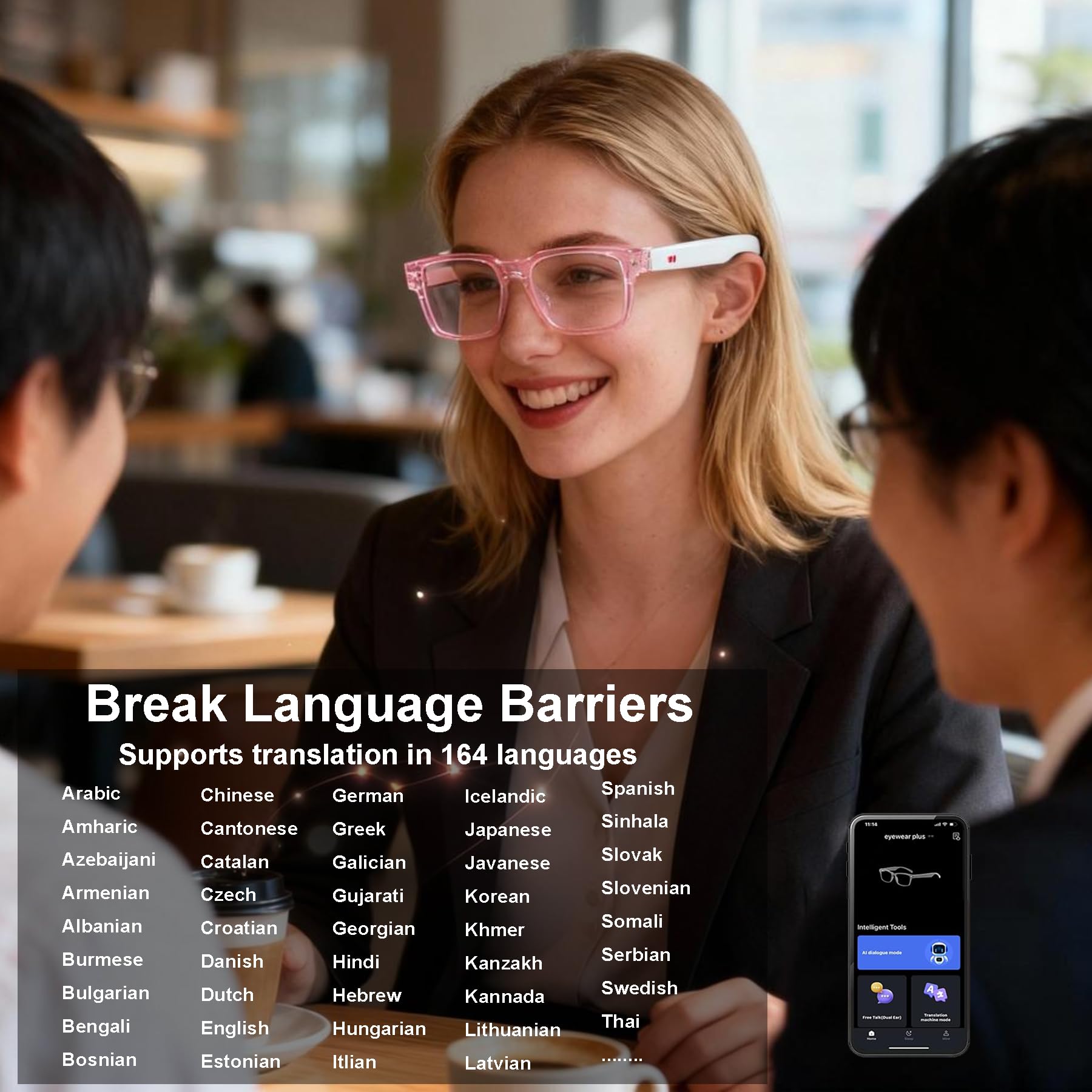 AI Smart Glasses, occhiali da traduzione Bluetooth anti luce blu, con 164 chiamate in vivavoce e audio, multifunzionali, occhiali da sole intelligenti per uomini e donne, viaggi, commercio, affari