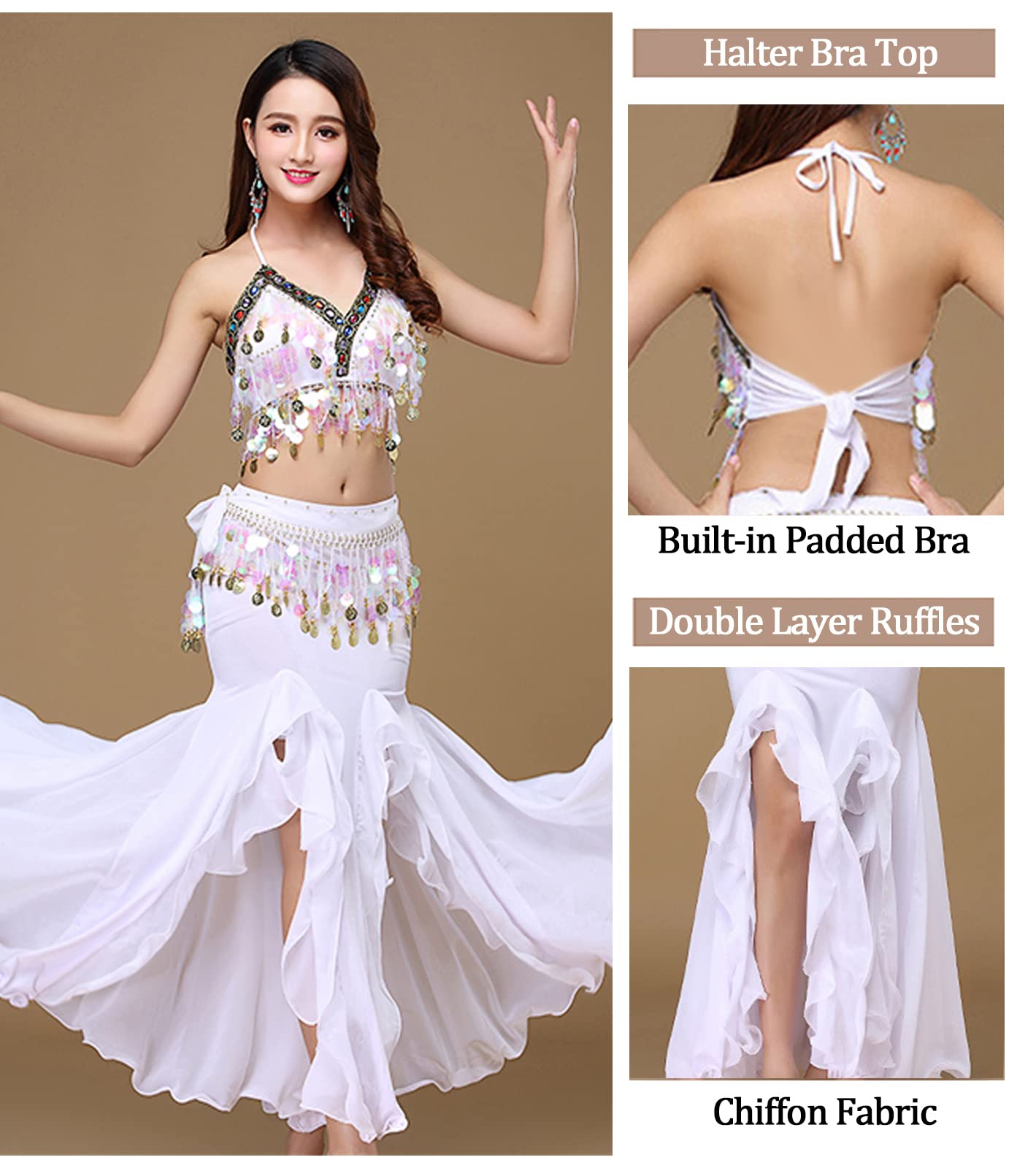 Belly Dance Costume Set for Women Belly Dance Crop Top Bra and Hip Scarf Slit Dance Skirt Halloween Outfit