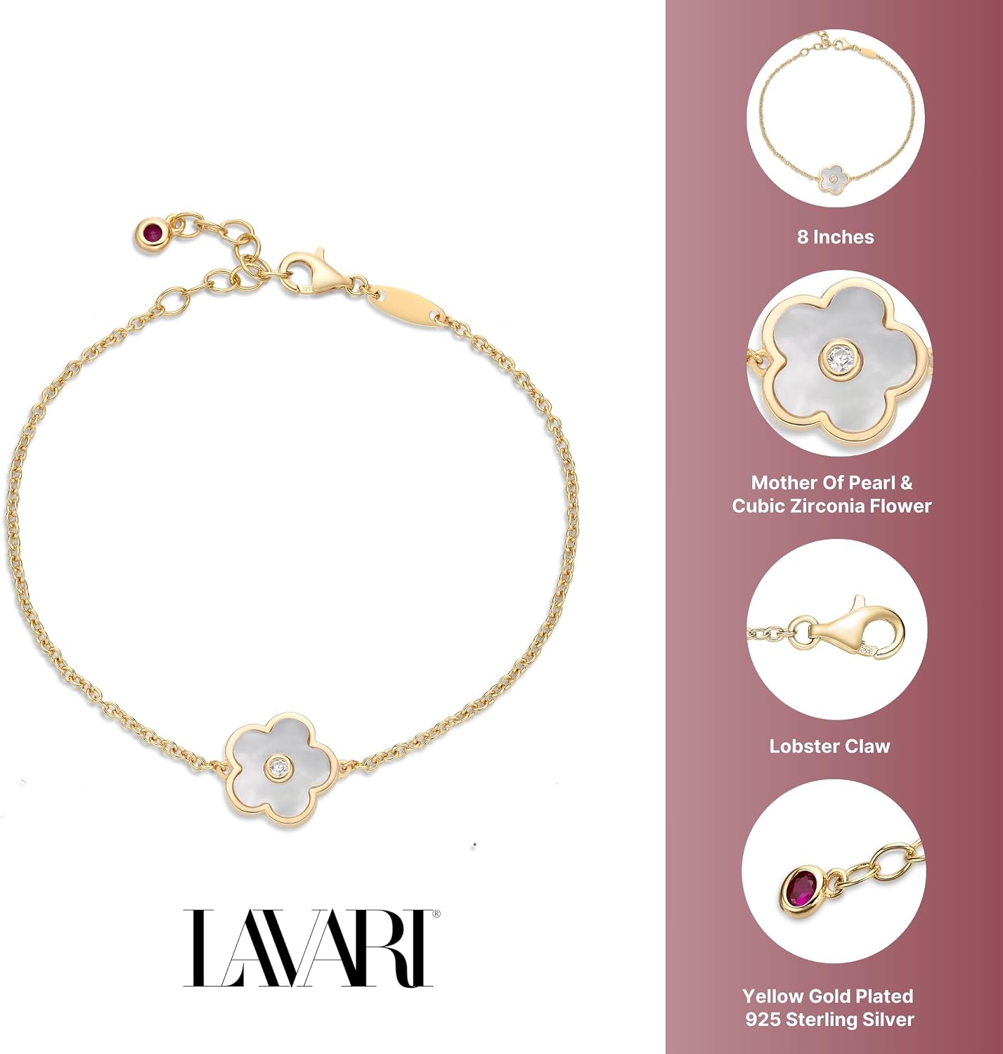 Lavari Jewelers Mother of Pearl Flower Bracelet for Women in 925 Sterling Silver with Yellow Gold Plating Adjustable Lobster Claw