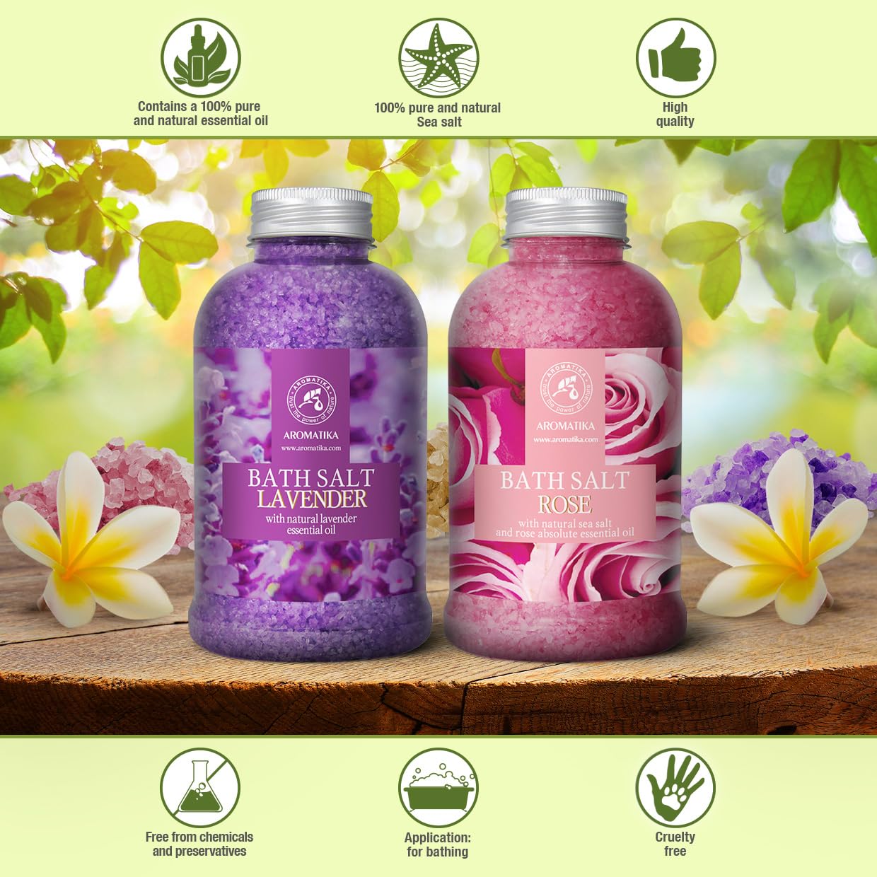 Sales Marinas de Baño Set Lavanda & Rosa 2х600g - Sal Marina con Aceite esencial de Lavanda - Aceite Esencial Absoluto de Rosa - Cuidado Corporal - Baños de Relajación - Aromaterapia