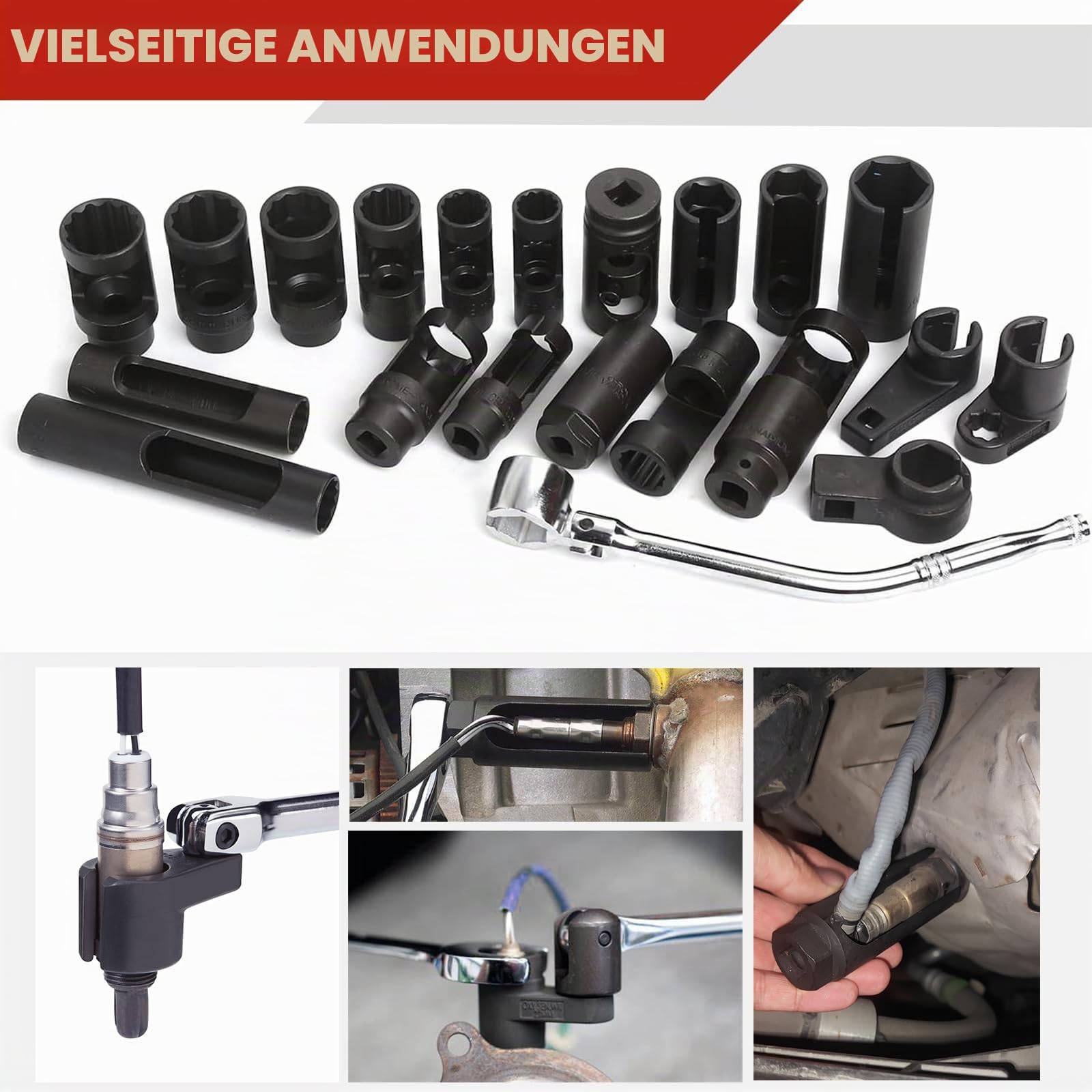FreeTec 21tlg Lambdasonden Schlüssel Set, 22mm Lambdasonden Nuss, 1/2" 3/8" Lambdasonde Werkzeug Steckschlüssel Nüsse Set for Demontage Lambda Nox Sonde Auto
