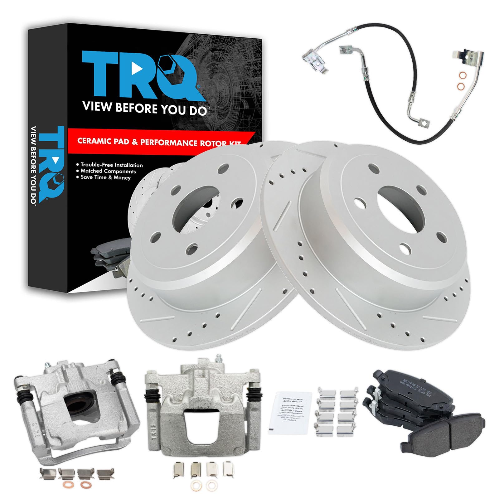 TRQ Performance Rear Brake Pad and Rotor Set Semi Metallic Slotted Drilled Coated Rotors Calipers Compatible with 2008-2012 Jeep Wrangler