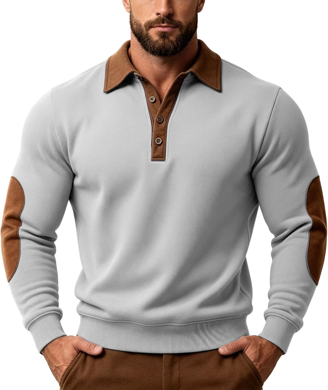 Mens Long Sleeve Shirt Contrast Collar Elbow Patch Casual Top