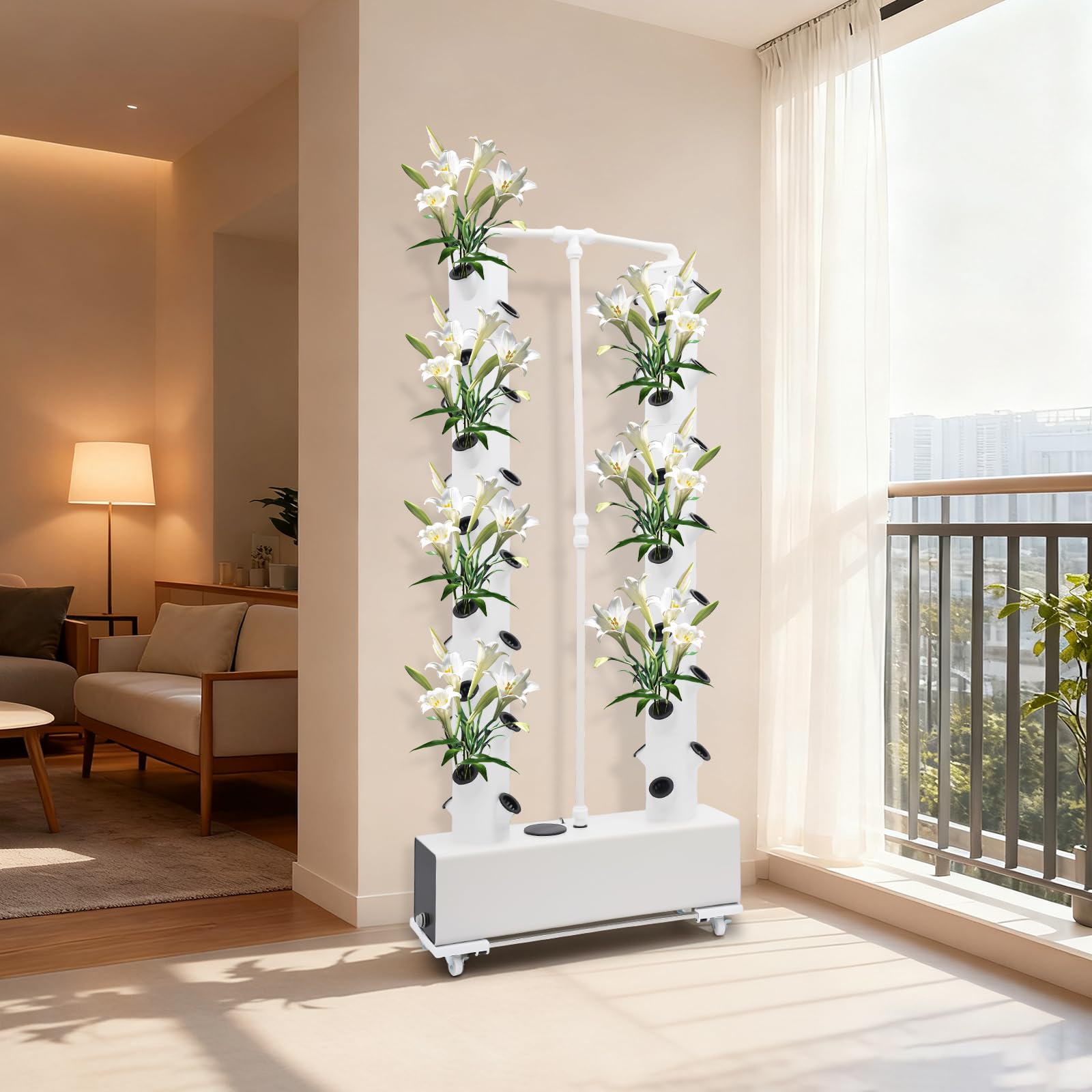 Torre idroponica con 56 capsule, set di coltivazione idroponica verticale con timer e serbatoio dell'acqua da 30 l, sistema di crescita aeroponica con 4 ruote per erbe, frutta, verdura