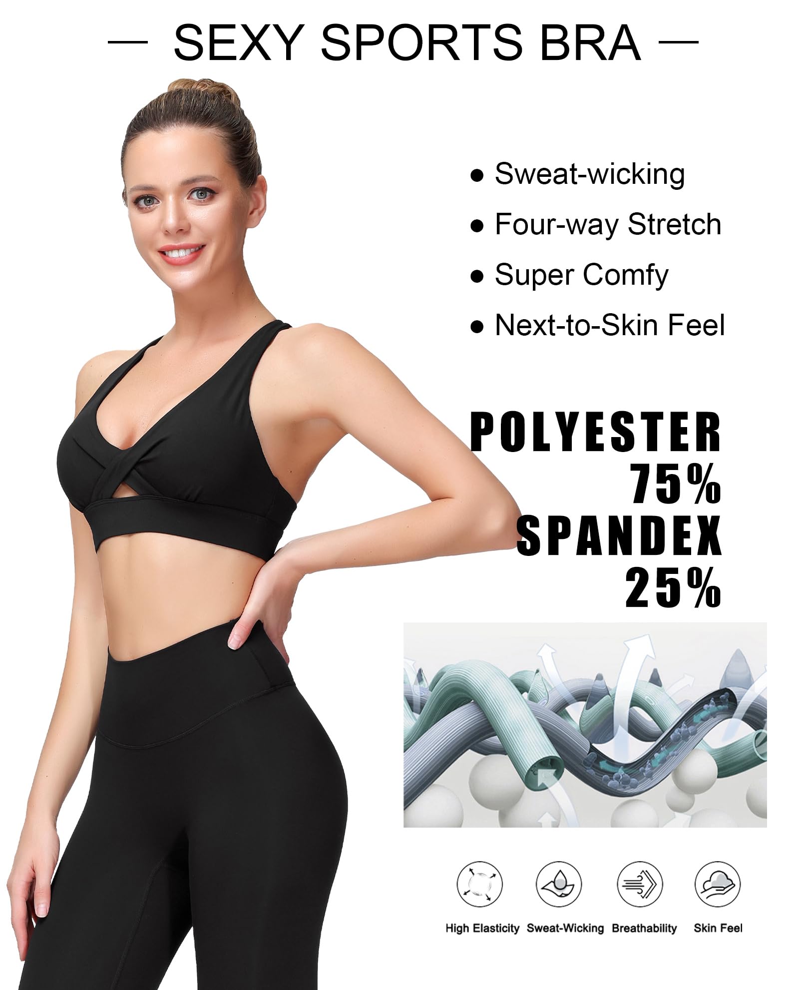 MotoRun Brasier deportivo con espalda cruzada para mujer, sexy, parte delantera cruzada, acolchado, gimnasio, correr, yoga, negro, Medium