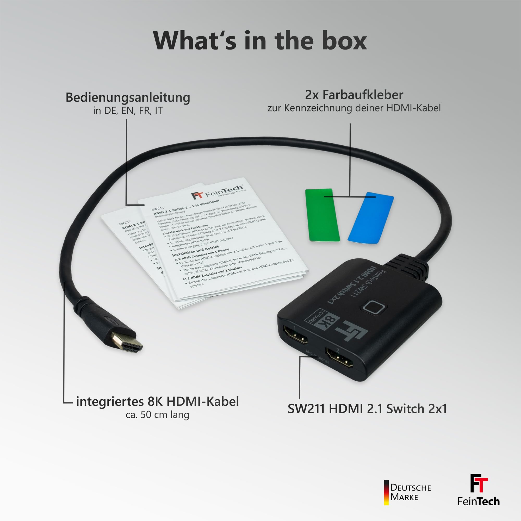 FeinTech SW211 HDMI 2.1 Switch 4k 120Hz 2 in 1 Out oder 1 in 2 umschaltbare Ausgänge (bidirektional) mit integriertem HDMI-Kabel, 8K, 48Gbps, unterstützt HDR, VRR, ALLM und Dolby Vision