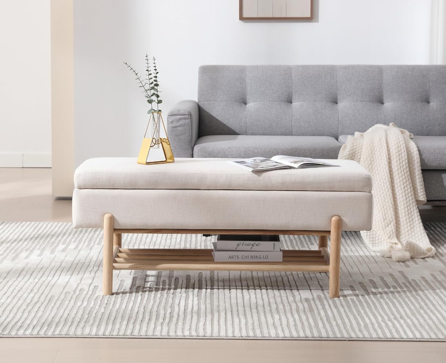 EALSON Modern Storage Ottoman Bench Upholstered Fabric End of Bench with Seating and Wood Shoe Rack Long Entryway Bench for Bedroom/Living Room/Foyer, Linen Cream