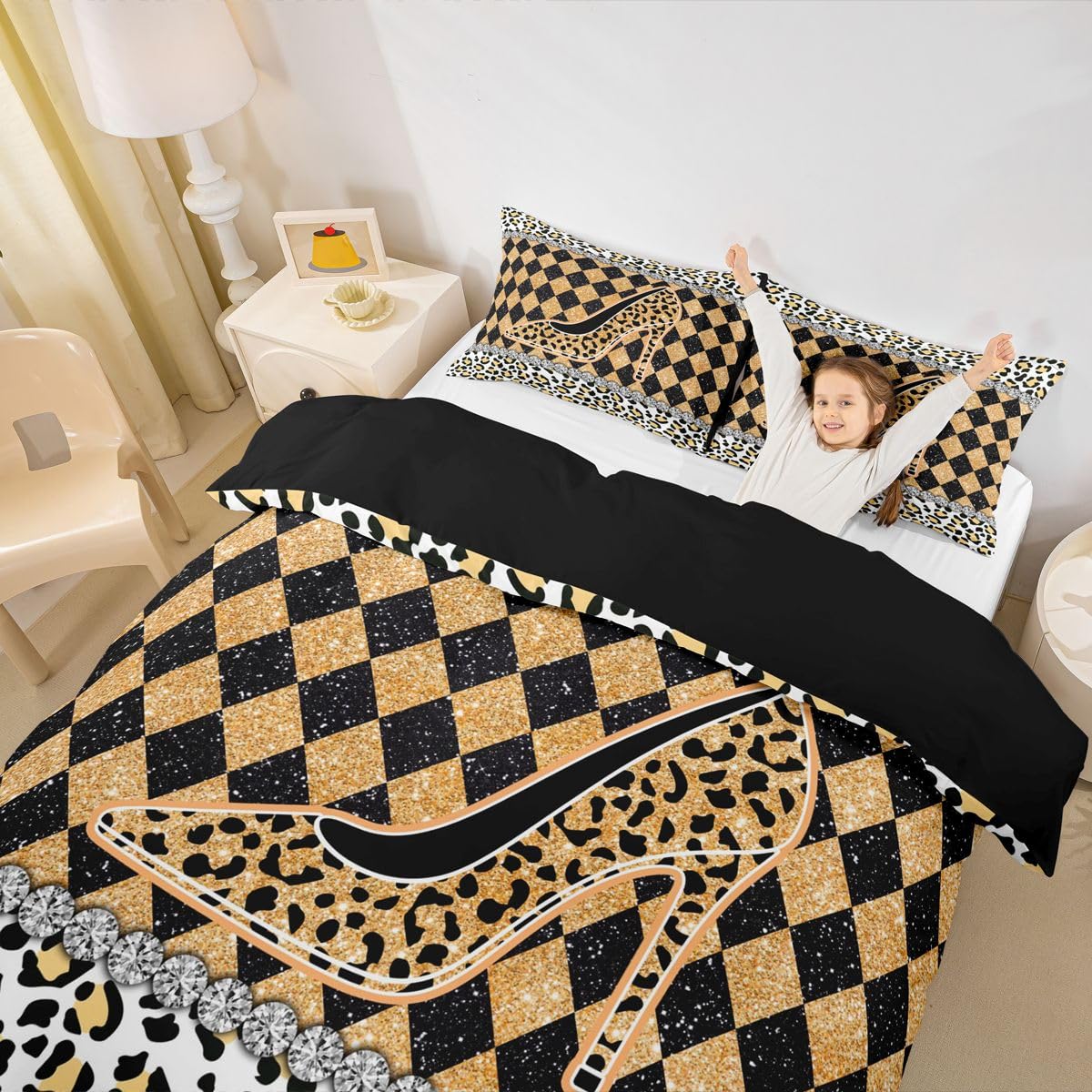 Homewish Dziewczęce lampart nadruk panthera siatka wysokie obcasy king size zestawy poszewek na kołdrę bawół krata pościel dla dorosłych nastolatków kobiet skóra kratka symulowana poszewka na kołdrę