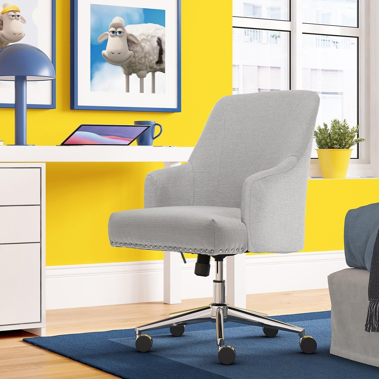 Serta Leighton Home Office Desk Chair, Mid-Back with Chrome Nailheads, Memory Foam Cushion and Padded Arms, Modern Makeup Vanity Armchair with Wheels, Swivel Base, Twill Fabric, Light Gray