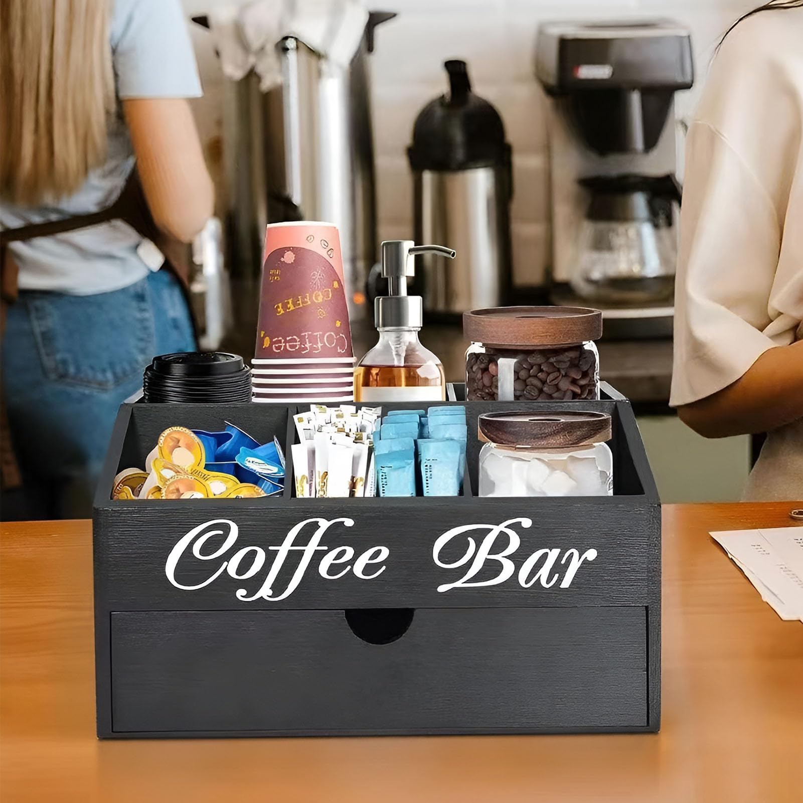 Rustikaler Kaffeebar-Organizer – Holz-Kaffeekorb, Tee-Zubehör-Halter | dekorative Kaffee-E-Station Organizer für Küche, Arbeitsplatte und Café-Dekoration