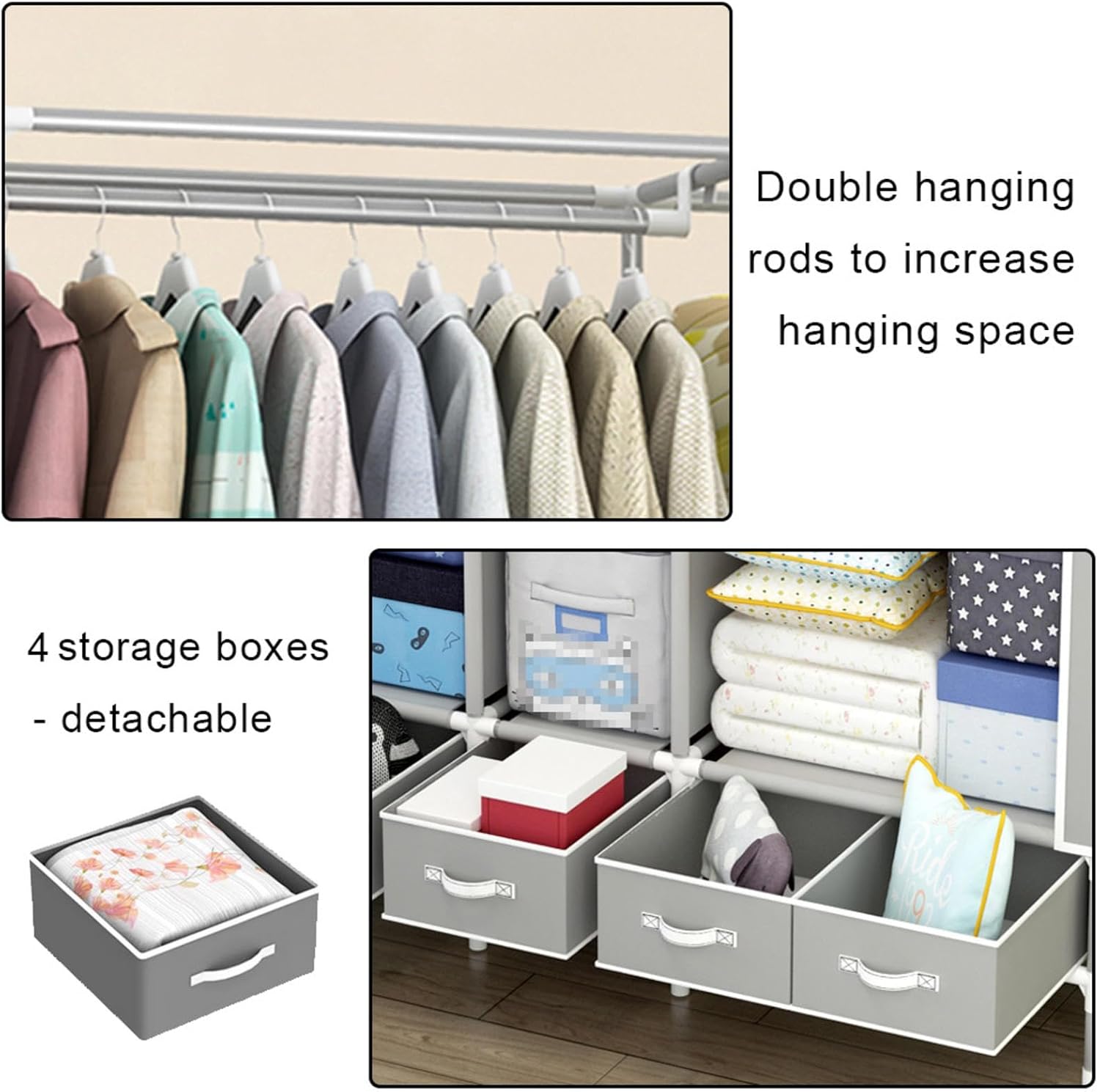 Large Fabric Canvas Wardrobe with Clothes Hanging Rail Shelves Storage Cupboard Unit 4 Drawers - Portable Closet for Bedroom, Cloakroom