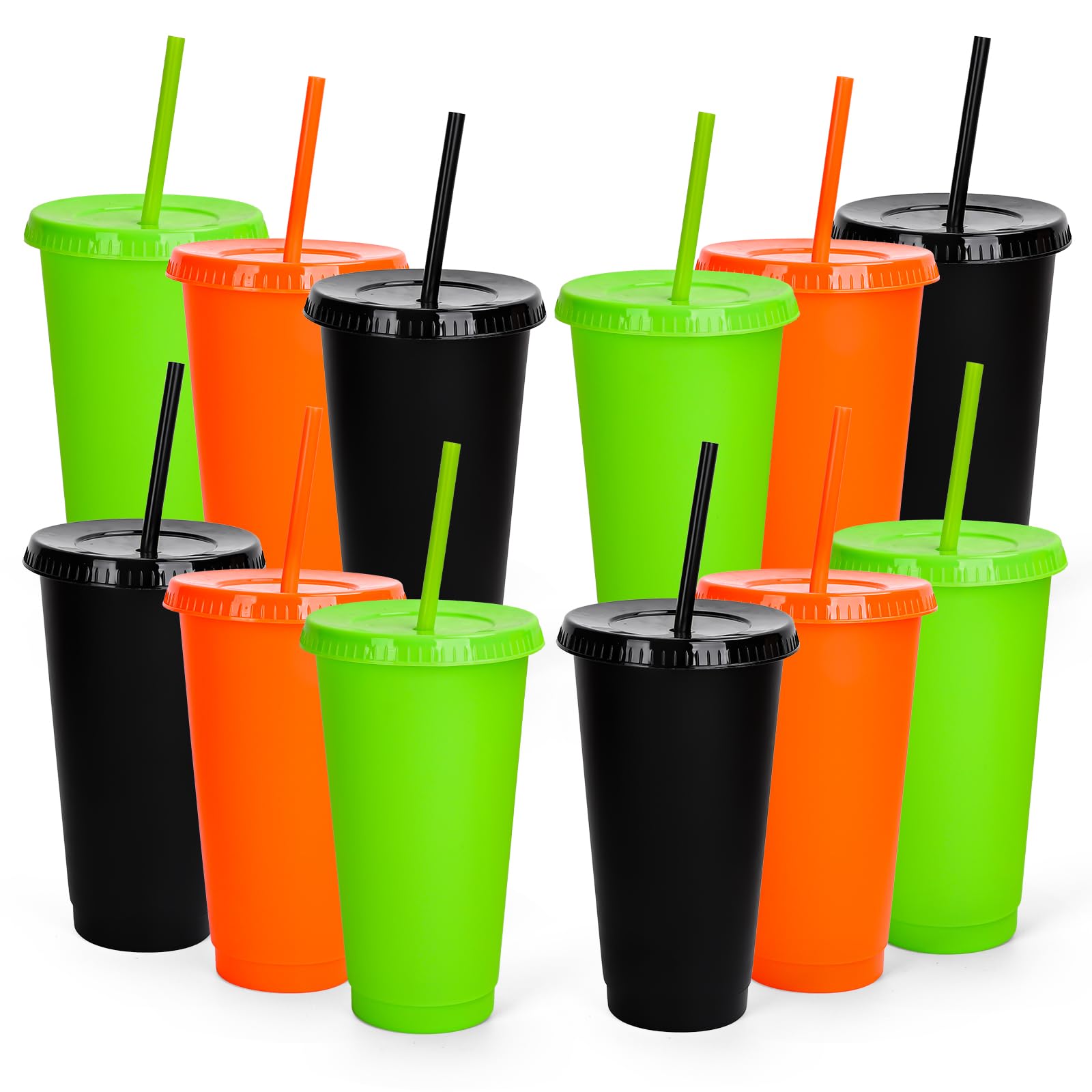 Whaline 12 bicchieri di plastica per Halloween, con coperchio, cannucce riutilizzabili, 3 colori, per caffè, bevande, bevande, feste, 680,4 g