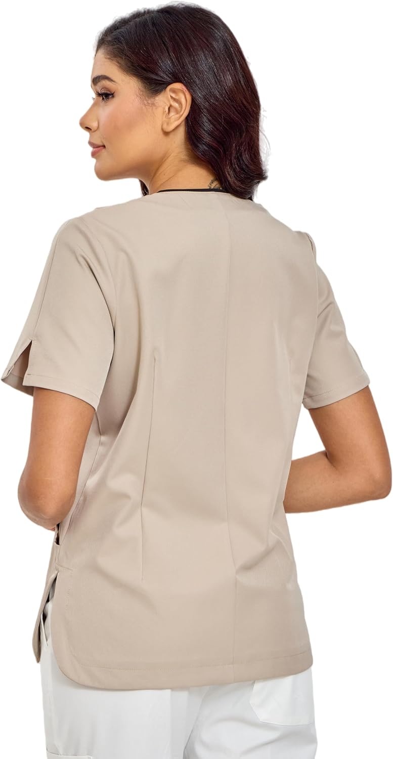 GUOER Scrub Tops Women, V-Neck Contrast Color Paneling, Slit Cuff, Side Slit with Rounded Corners, Snap Front, 3 Pockets