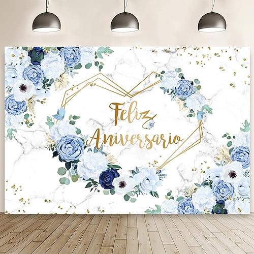 MEHOFOND Telón de fondo de feliz aniversario de 7 x 5 pies, diseño floral azul y blanco, para boda, aniversario, fotografía, corazones, geométricos,