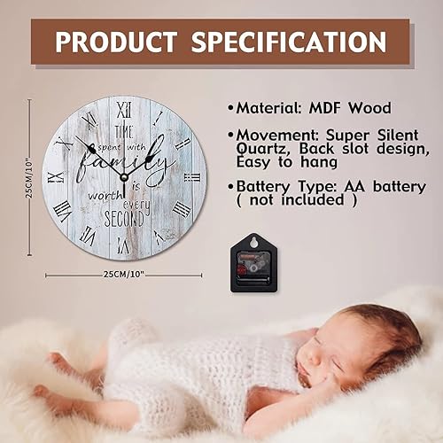 Miniatura 6 de Reloj de pared de madera, el tiempo que pasa con la familia vale cada segundo, relojes de pared de 10 pulgadas, funciona con pilas, silencioso, sin