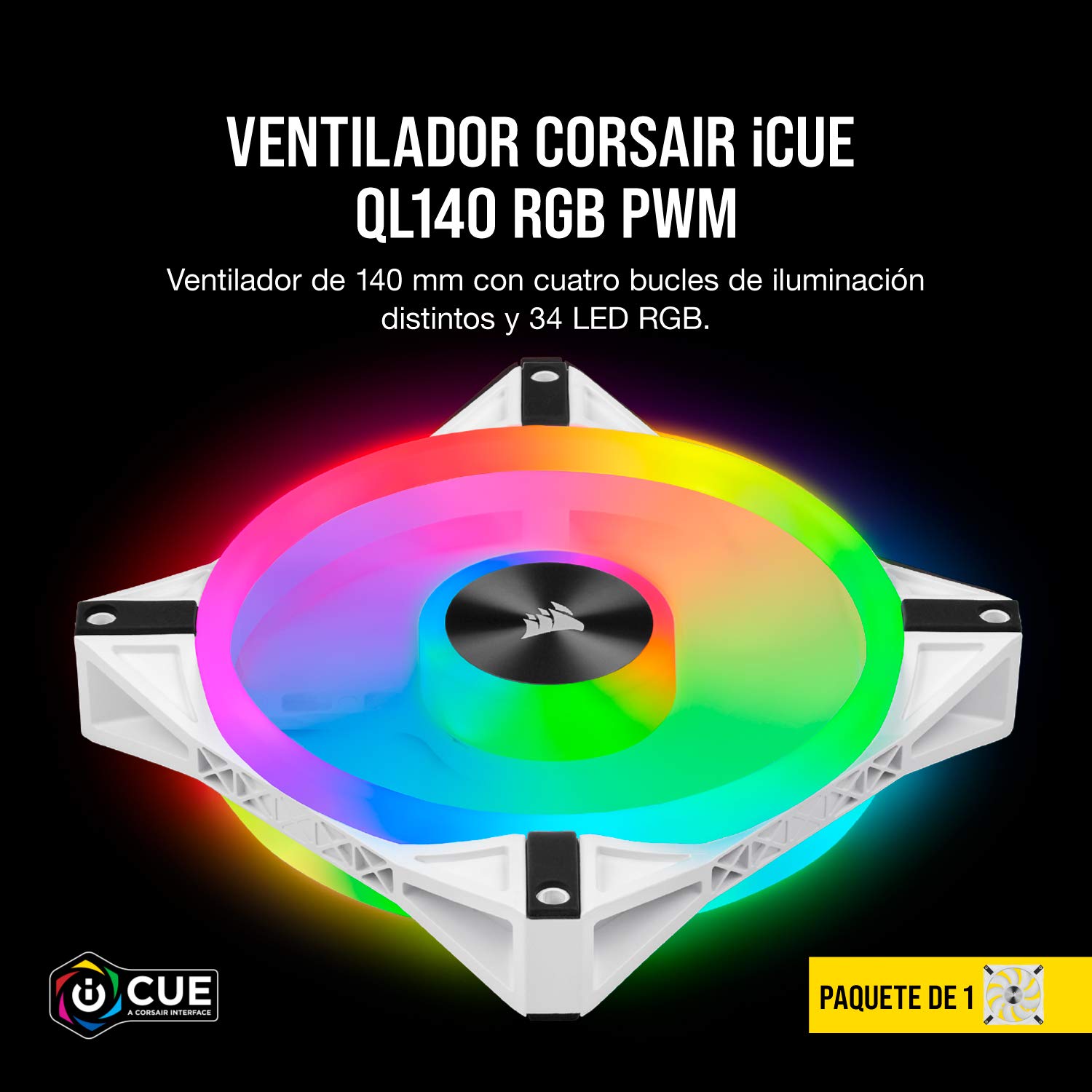 Corsair iCUE QL140 RGB, 140-mm-RGB-LED-PWM-Ventilador (34 LED RGB Controlables Individualmente, Velocidades de Hasta 1250 rpm, Silencioso) Paquete Individual - Blanco
