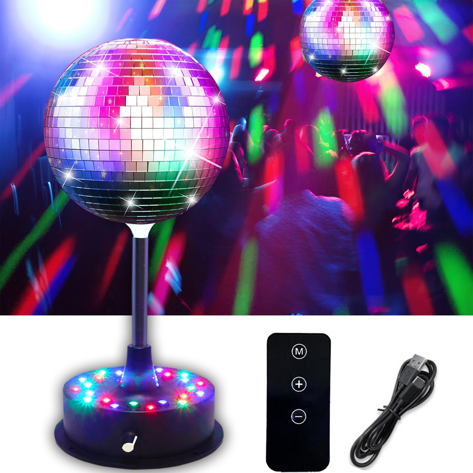 6'' Mirror Disco Ball with 24 LEDs Remote Control 5-9 RPM Adjustable Rotating Motor Base Disco Lamps Ceiling Decor for Show Party Dancing Hall Club Ktv Nightclubs Bars(Includes Remote Controler
