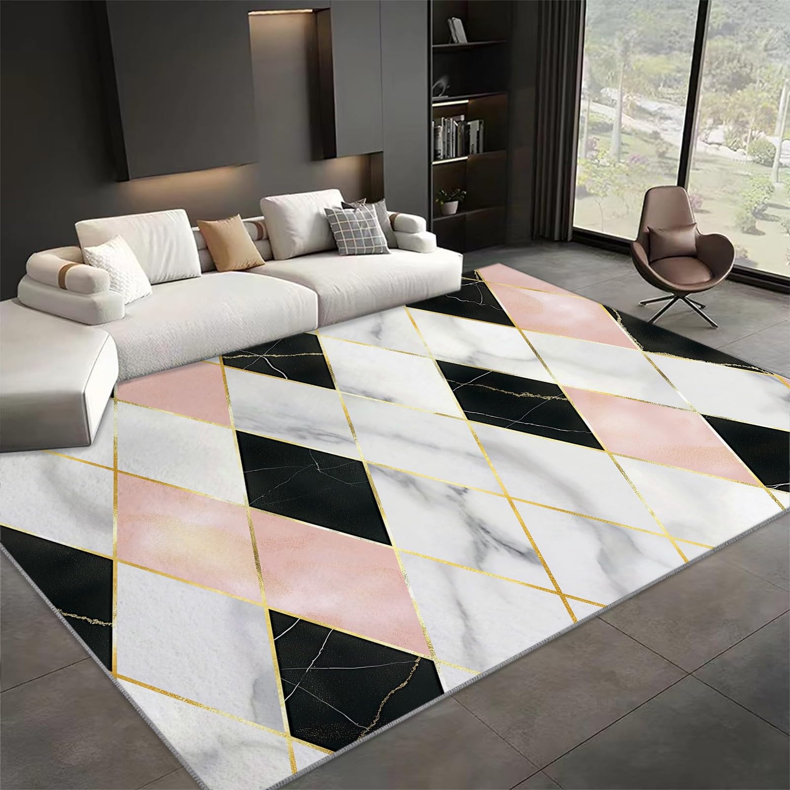 Tapis marbre luxueux 140x200 géométrie dorée moderne salon chic