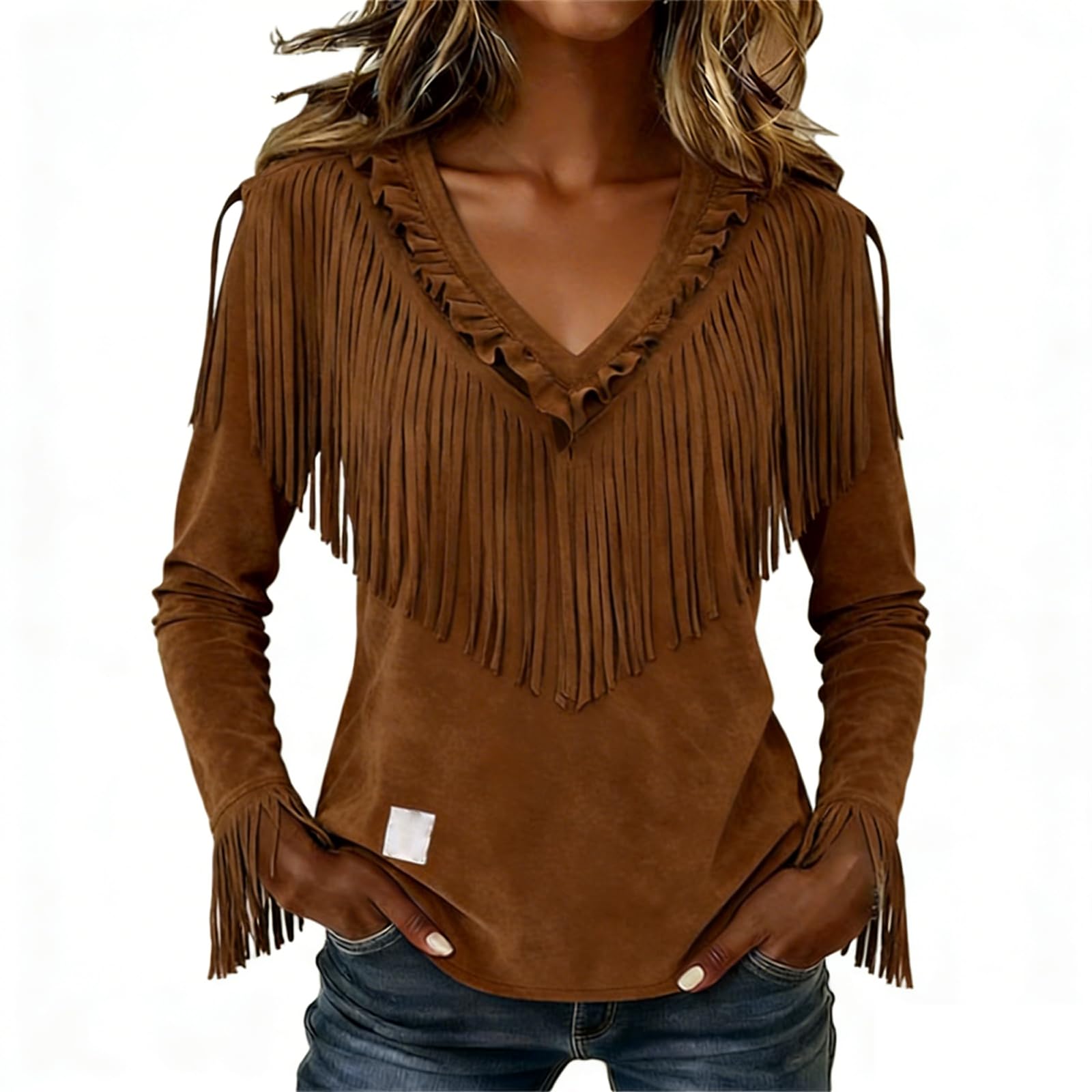 HUIFUAO Lace Western Crop Tops for Women Long Sleeve V Neck Fringe Shirts Sexy Cowgirl Outfits Tassel Blouse Fashion 70s Hippie Clothes Novelty Funny Festival Party Costumes (Z01-Brown, XXXL)