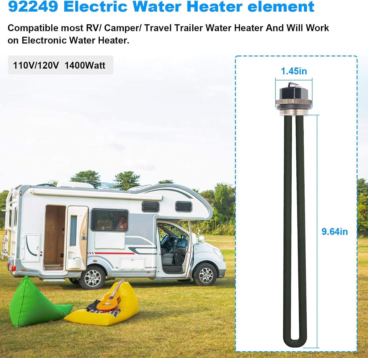 𝗡𝗘𝗪 𝗨𝗣𝗚𝗥𝗔𝗗𝗘 RV Water Heater Element 92249 Fit RV/Camper/Travel Trailer Water Heater Element 1400W 110V/120V Water Heater