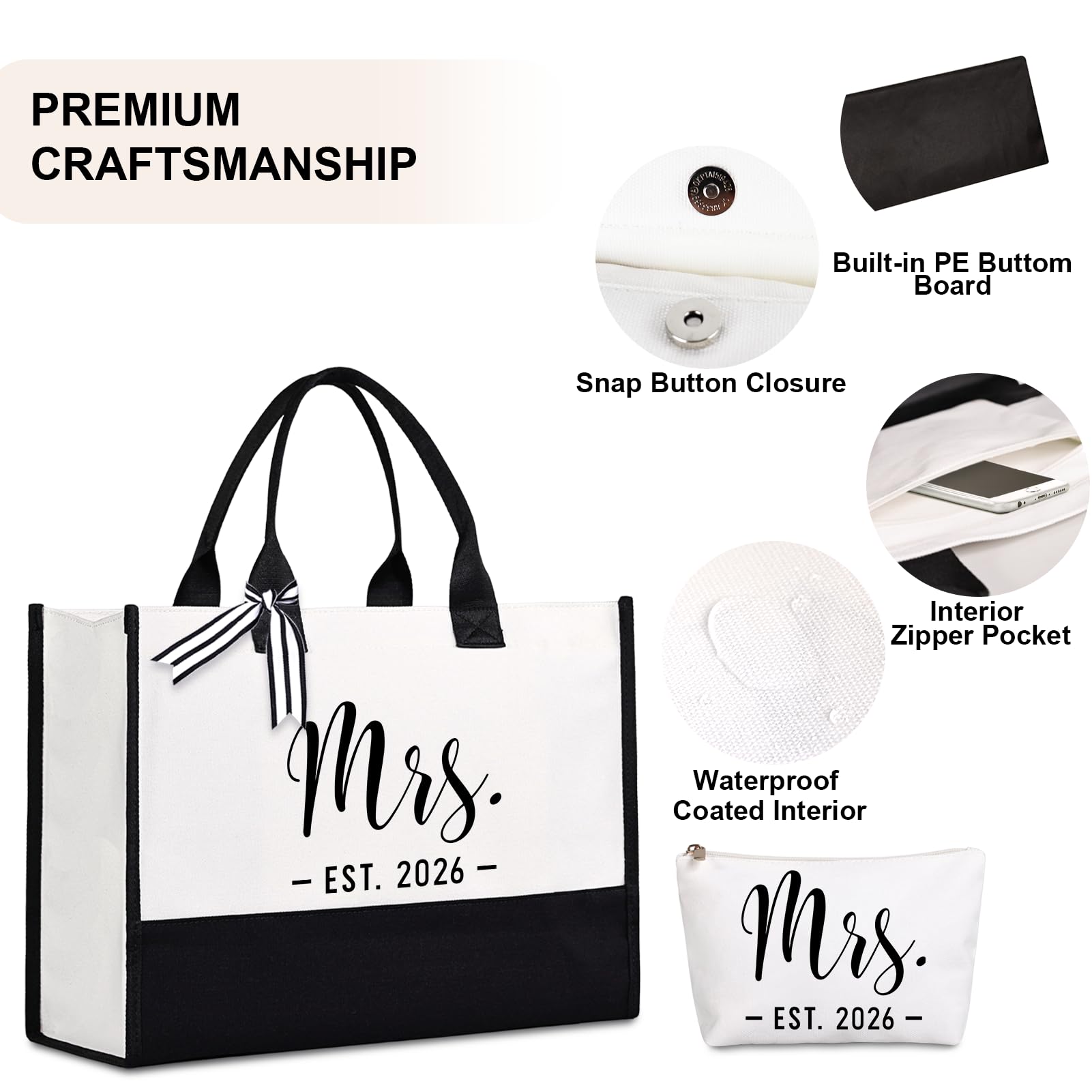 Lamyba Bride Tote Bag,Bridal Shower/Bachelorette Party/Wedding Day Gifts for Bride To Be,Mrs Bag EST 2026,Interior Pocket,Black and White
