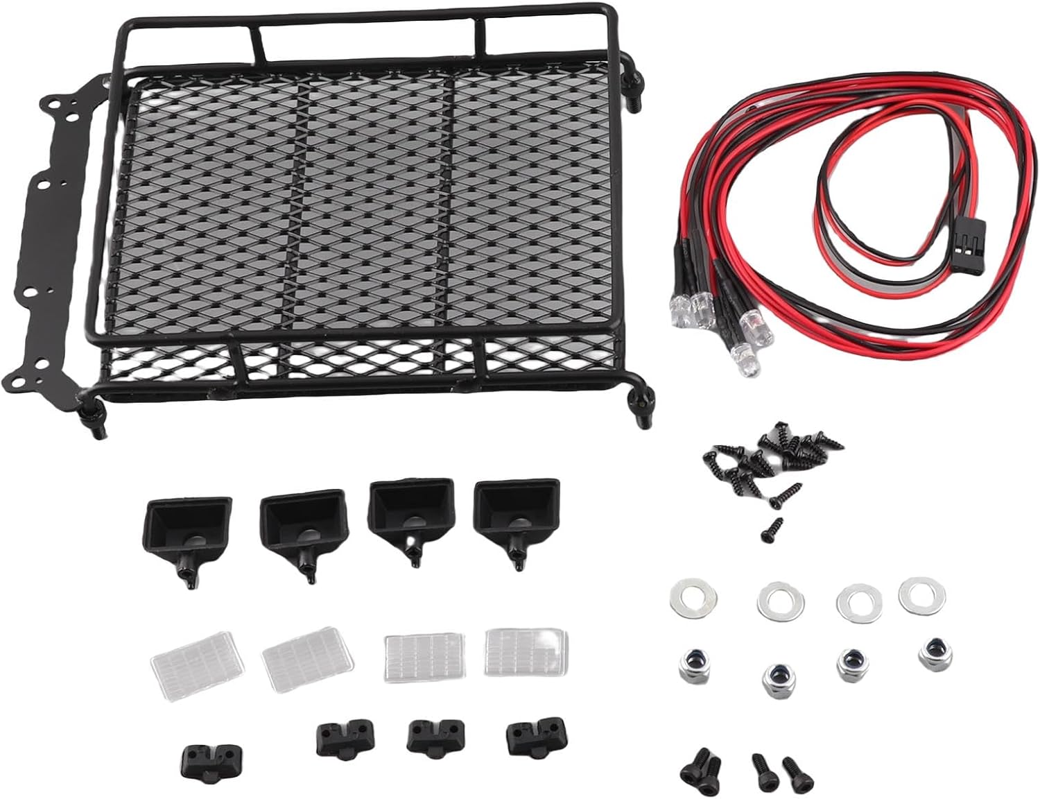 RC Car Roof Rack, Middle Size Roof Rack Luggage Carrier with Quadrate LED Lights for SCX10 1/10 Remote Control Cars(4 White Light Color) Car Model Accessory