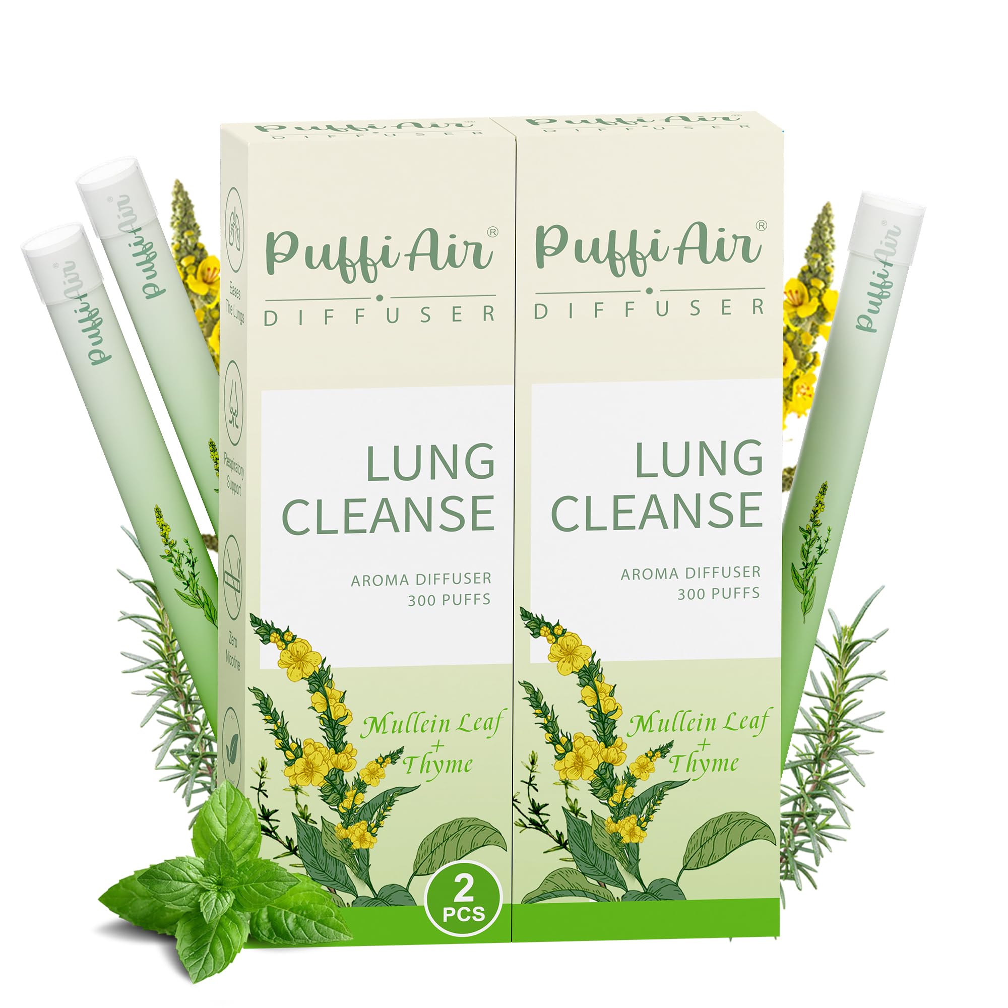 PUFFIAIR Herbal Diffuser Infused with Mullein, Thyme, and Mint for Breathing Support, Lung Care, Fresh Oral Air, and Habit Management - 300 Uses, 2 Packs 3 Sticks
