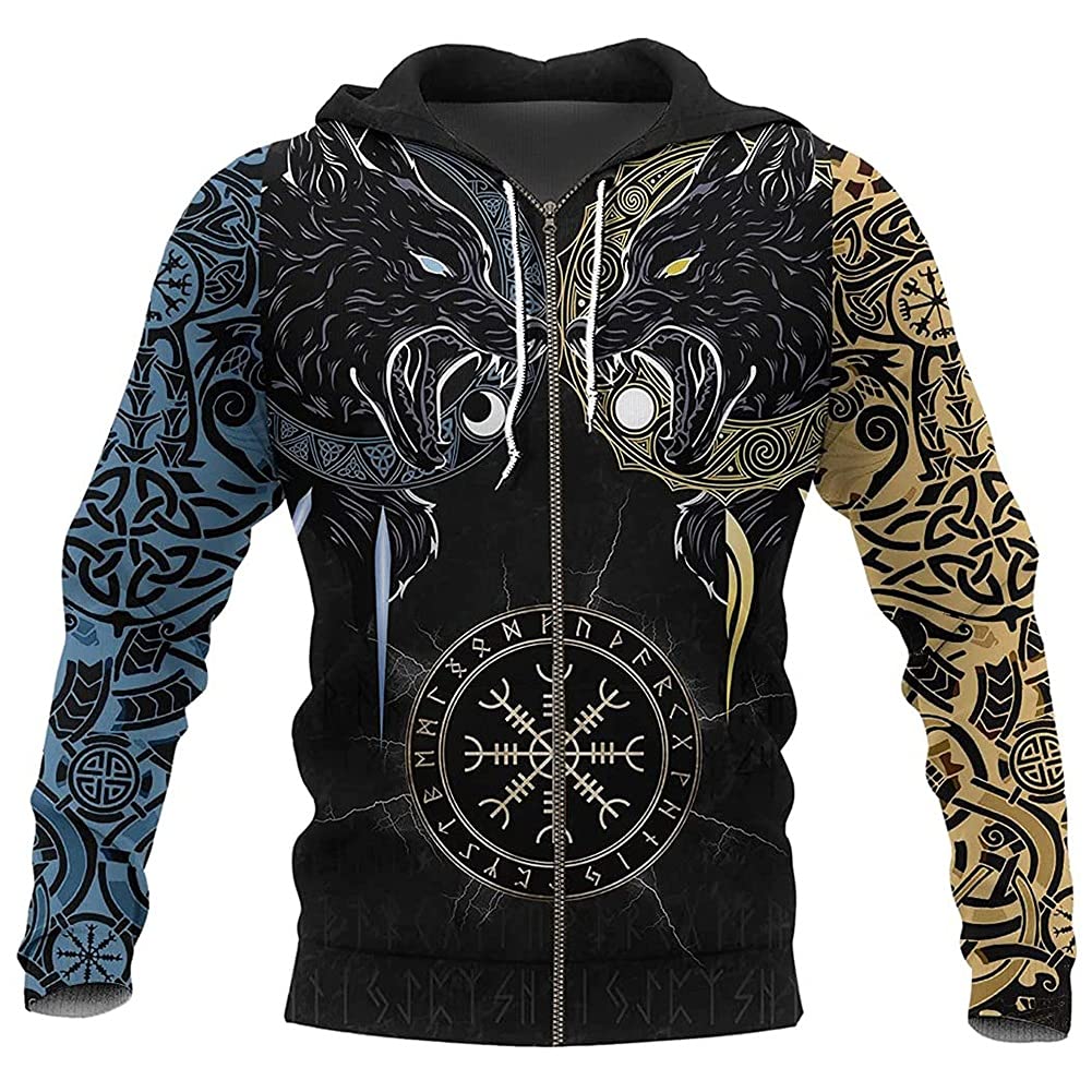 Dfwy Unisex Wolf A Men's Full Zip Hoodie Jacket,Nordic Viking Odin Wolf Fenrir Tattoos Sweatshirt