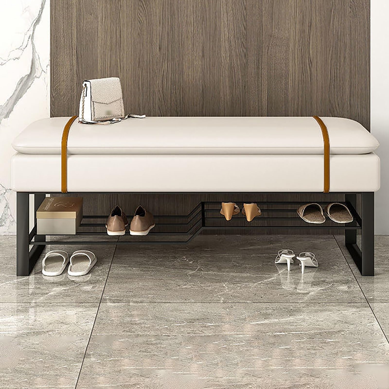 MSHGSKU 2-Tier Storage Bench Shoe Rack for Entryway, End of Bed, or Hallway - Farmhouse Style Foyer Bench with Seat