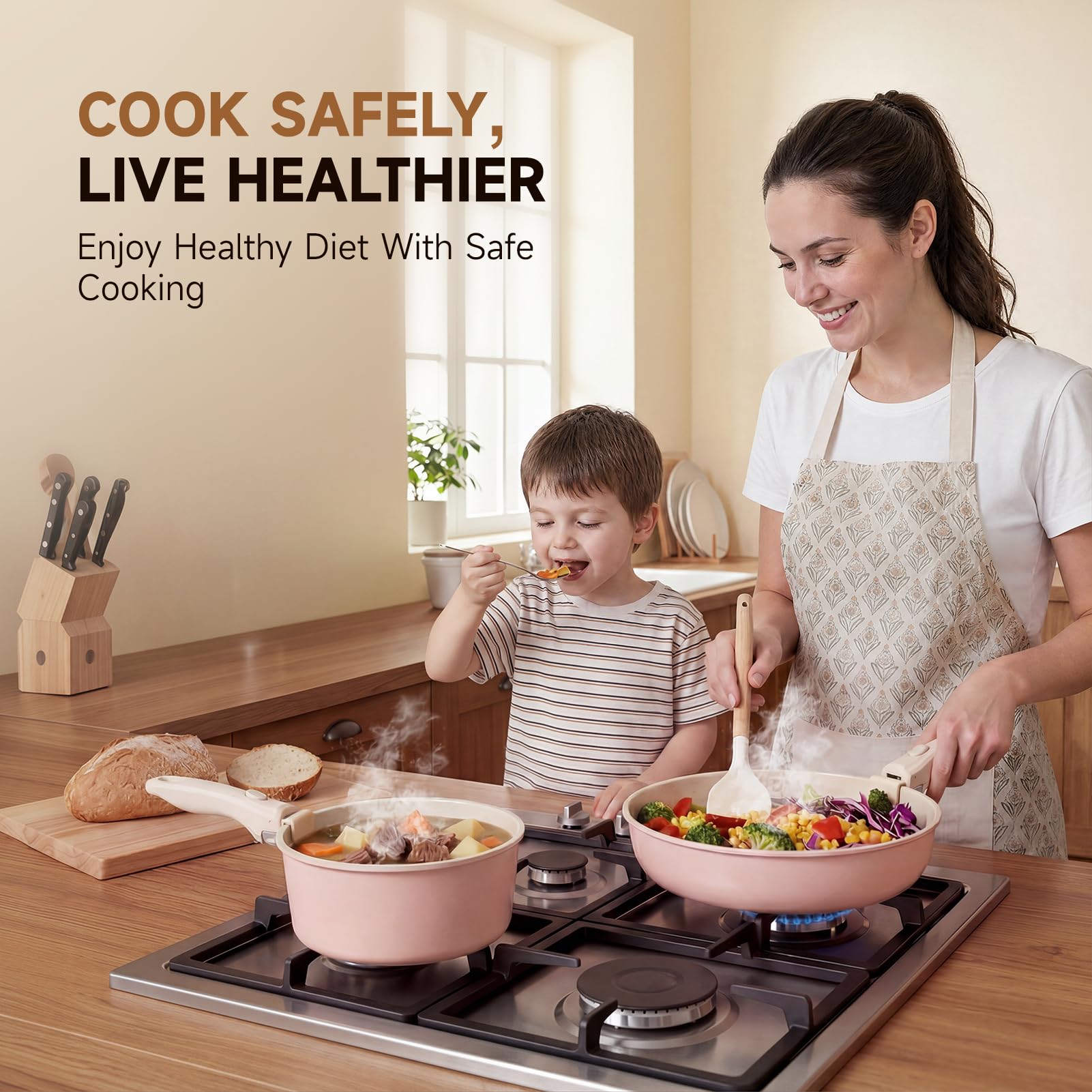 Warmiehomy Juego de ollas y sartenes de 17 piezas antiadherentes para inducción de inducción, juego de utensilios de cocina de aluminio antiadherente con mango extraíble, juego de sartenes, juego de